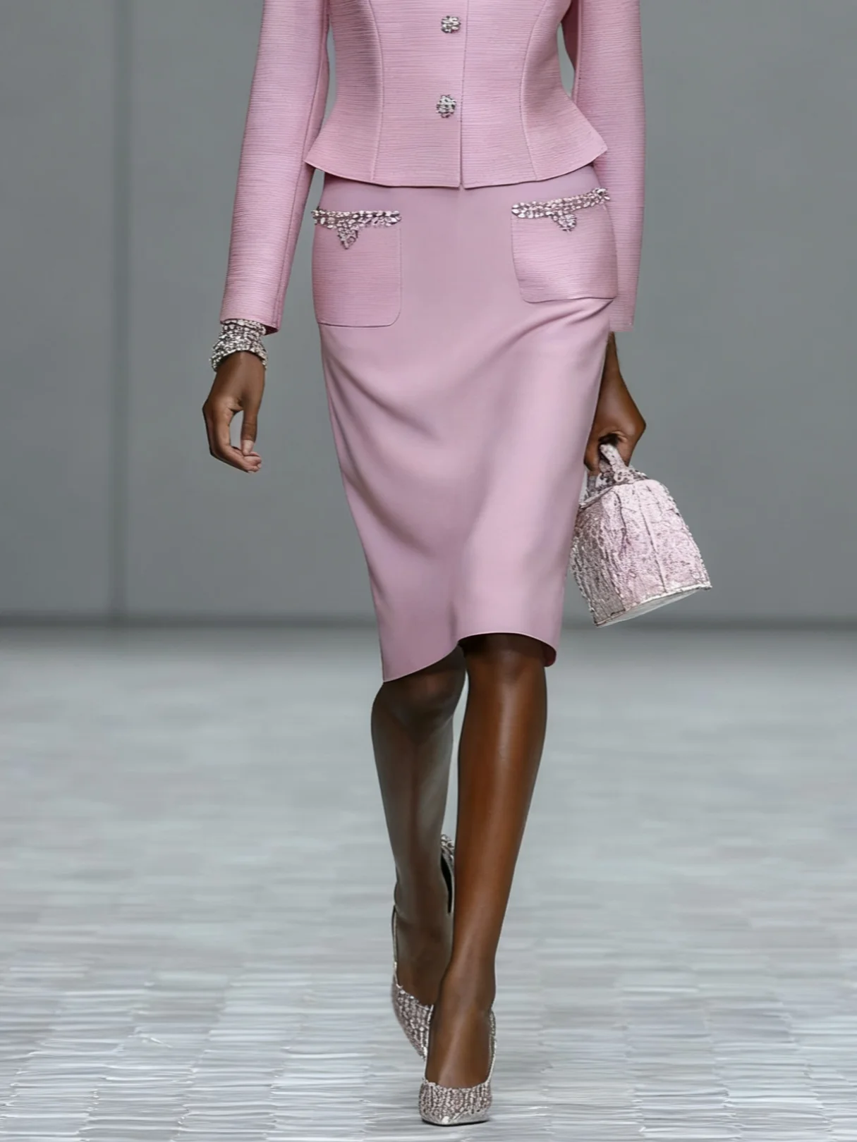 Women Pink Buckle Piping Crew Neck Long Sleeve Dressy Coat With Skirt Two-Piece Set