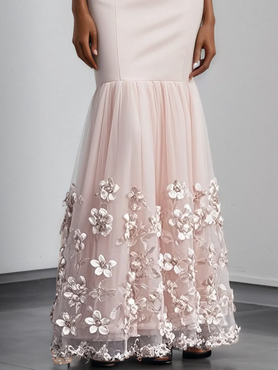 Nudepink 3D Floral Mesh Classic Strapless Sleeveless Mermaid Maxi Dress