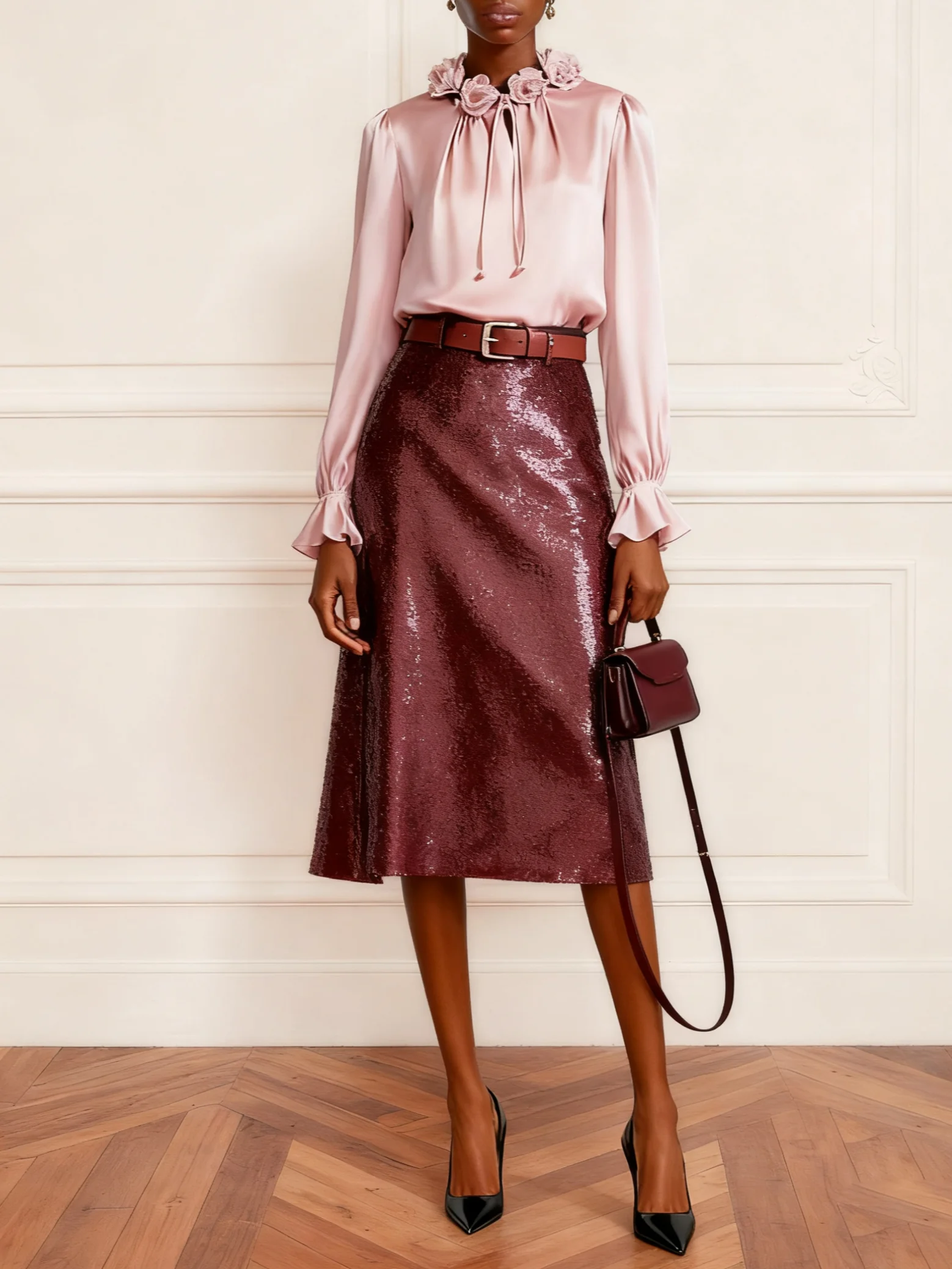 Women Pink Applique Crew Neck Long Sleeve Ruffle Sleeve Dressy Top With Skirt Two-Piece Set