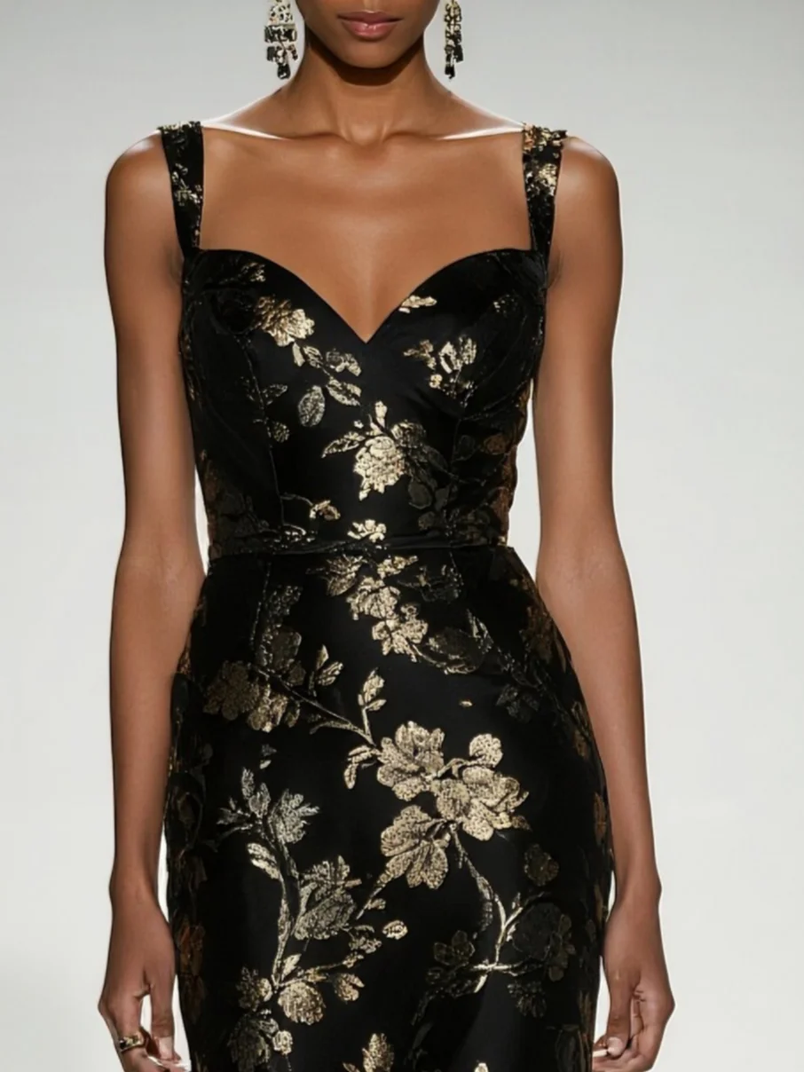 Black Stamped Bronzing Satin Sweetheart Neckline Sleeveless Sheath Maxi Dress
