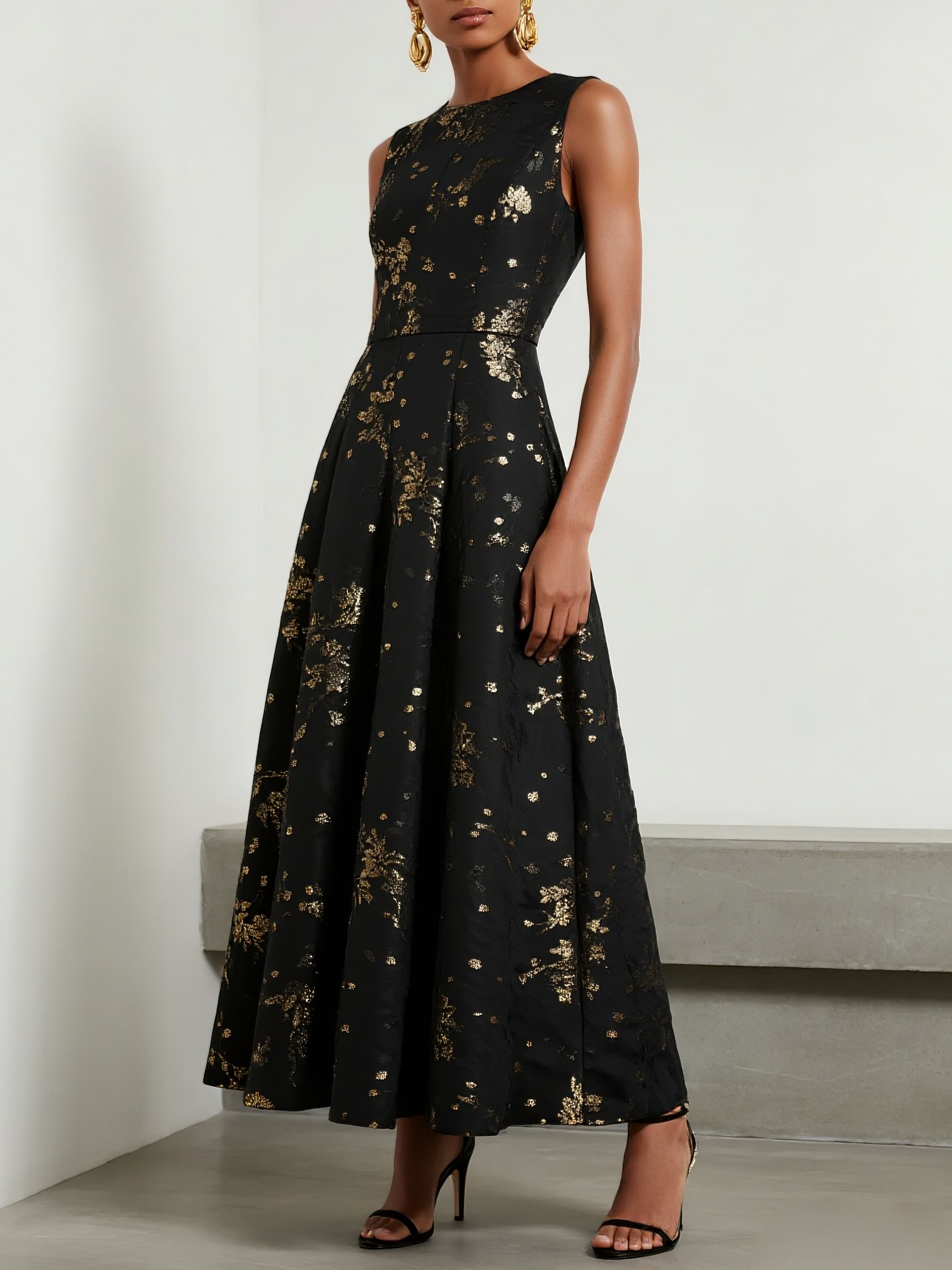 Black Stamped Bronzing Satin Crew Neck Sleeveless A-Line Maxi Dress