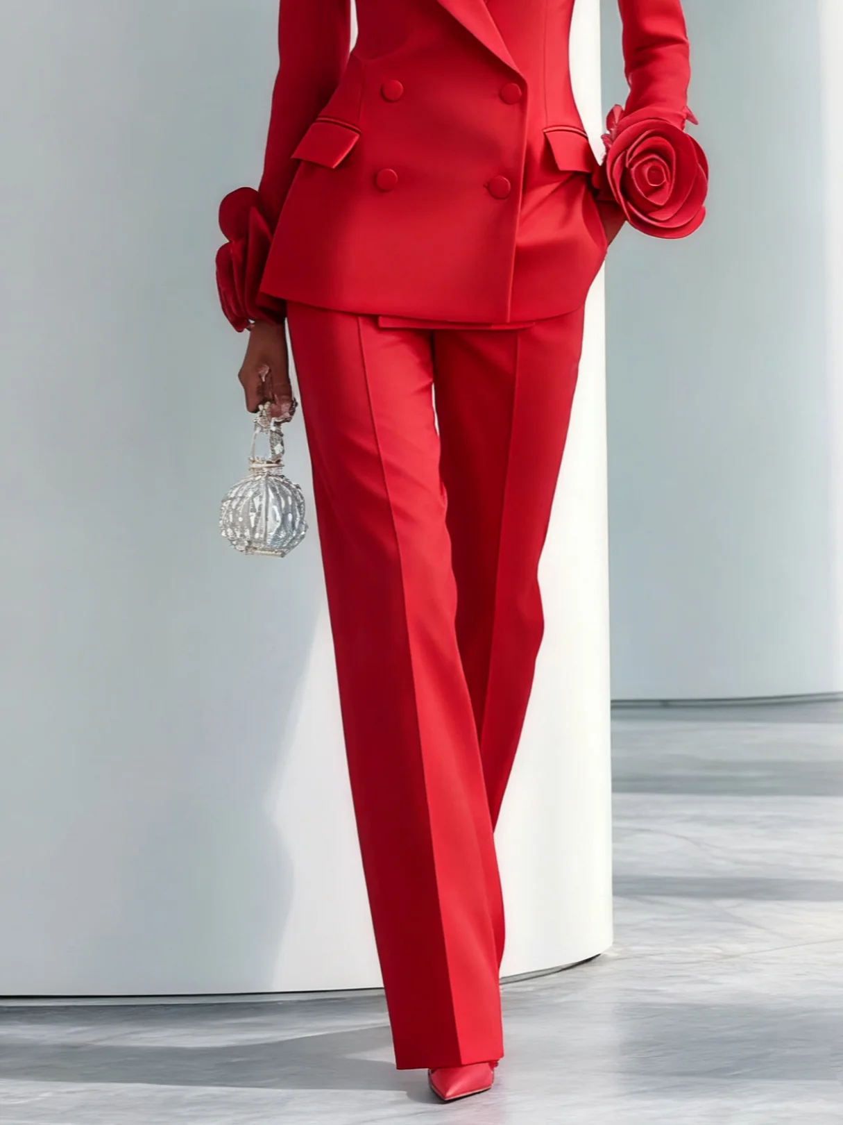 Women Red Applique Lapel Collar Long Sleeve Dressy Coat With Pants Two-Piece Set