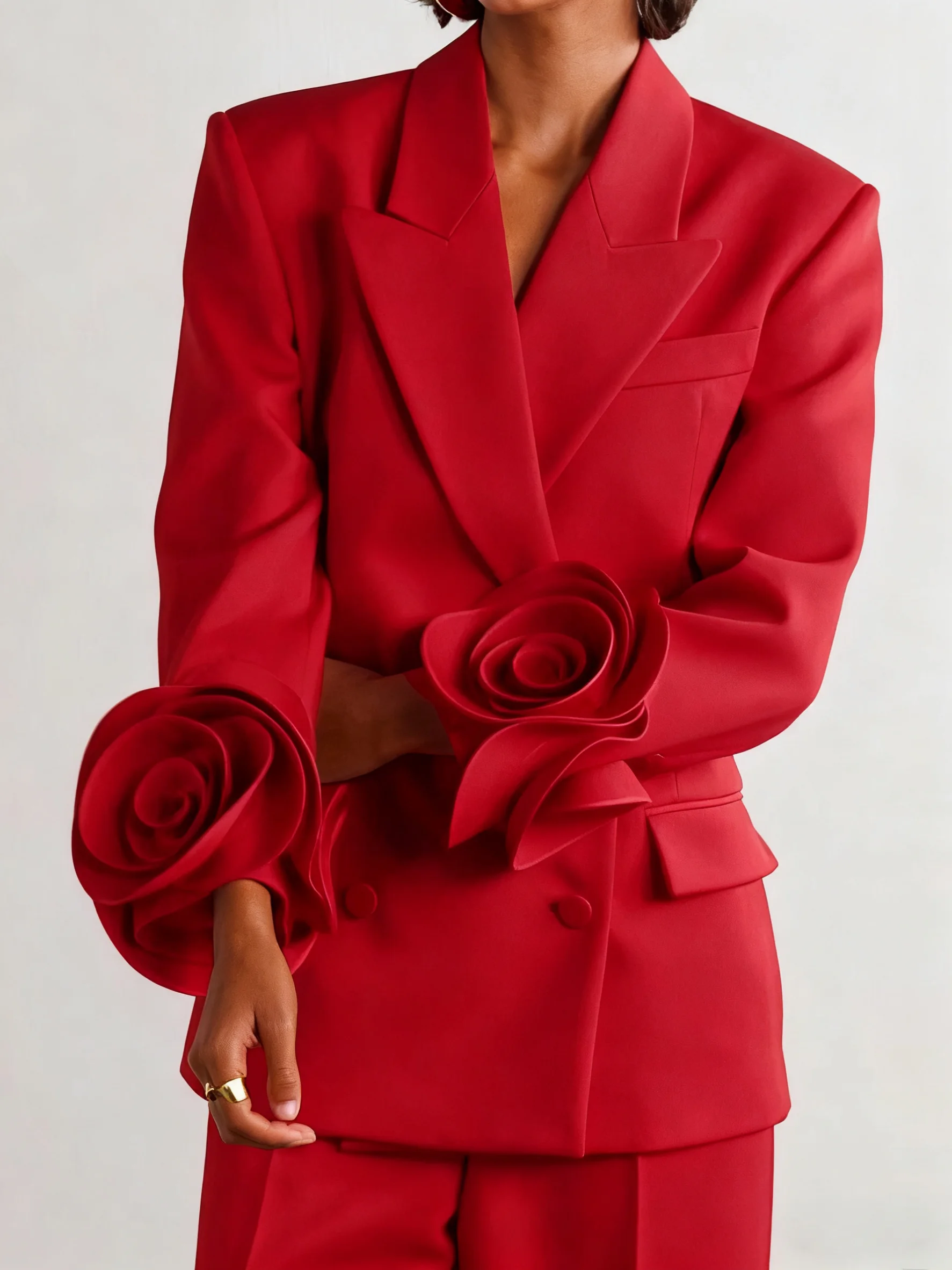 Women Red Applique Lapel Collar Long Sleeve Dressy Coat With Pants Two-Piece Set