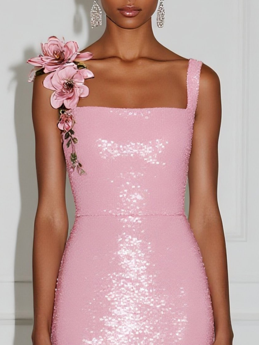 Pink 3D Floral Applique Sequin Square Neck Sleeveless Shift Gown Dress