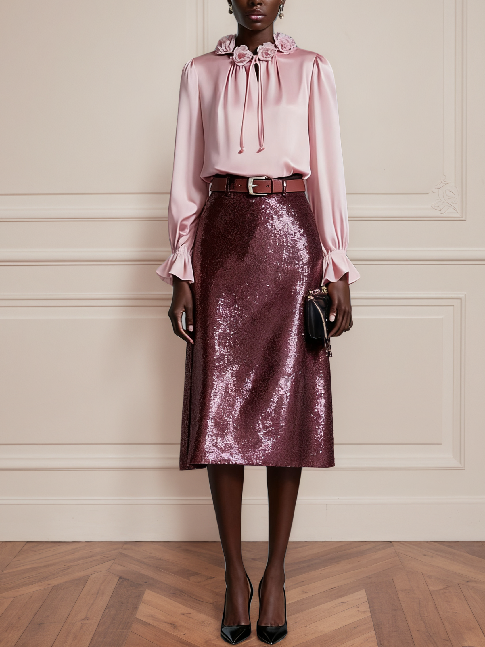 Women Pink Applique Crew Neck Long Sleeve Ruffle Sleeve Dressy Top With Skirt Two-Piece Set