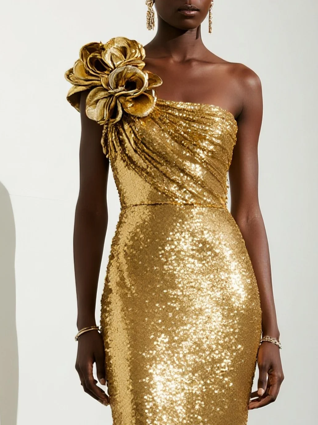 Golden 3D Floral Sequin One Shoulder Sleeveless Mermaid Gown Dress