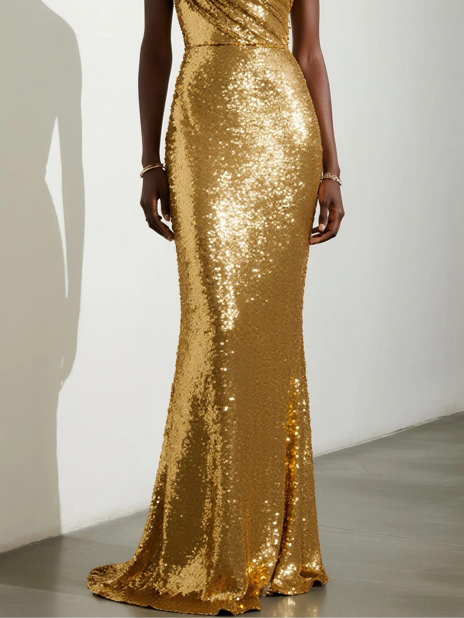 Golden 3D Floral Sequin One Shoulder Sleeveless Mermaid Gown Dress
