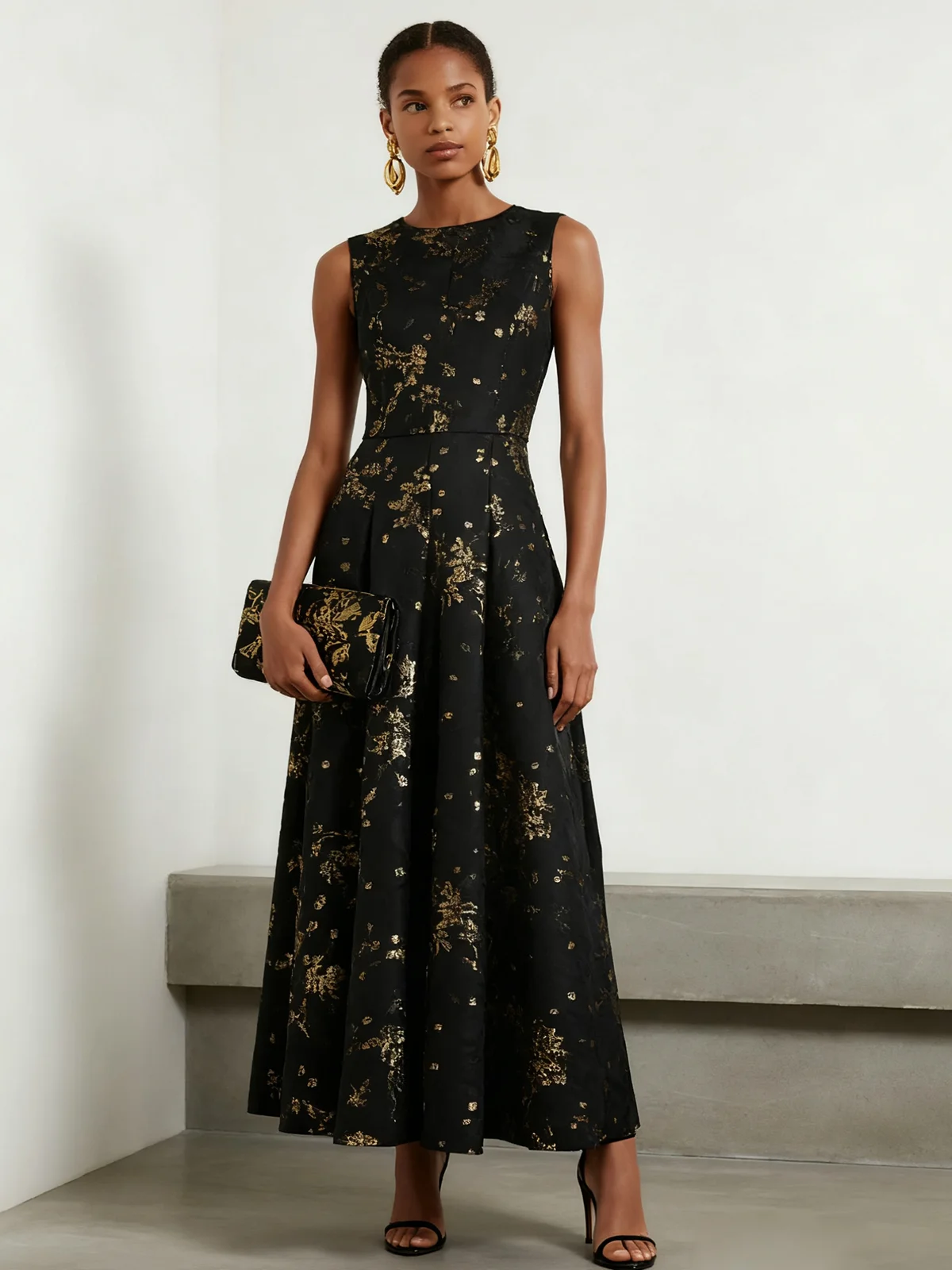 Black Stamped Bronzing Satin Crew Neck Sleeveless A-Line Maxi Dress