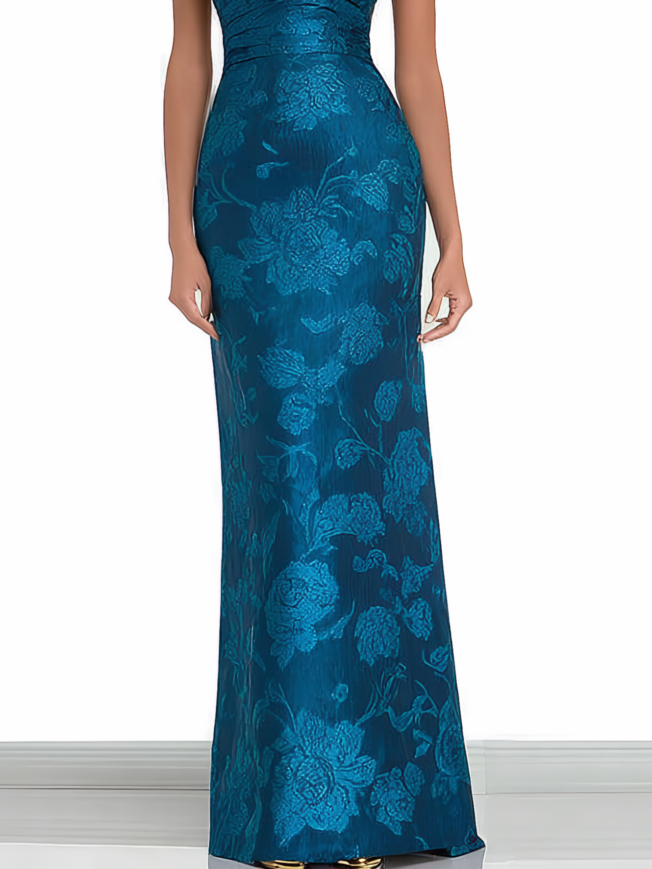 Blue Jacquard Floral Satin Off The Shoulder Sleeveless Sheath Maxi Dress