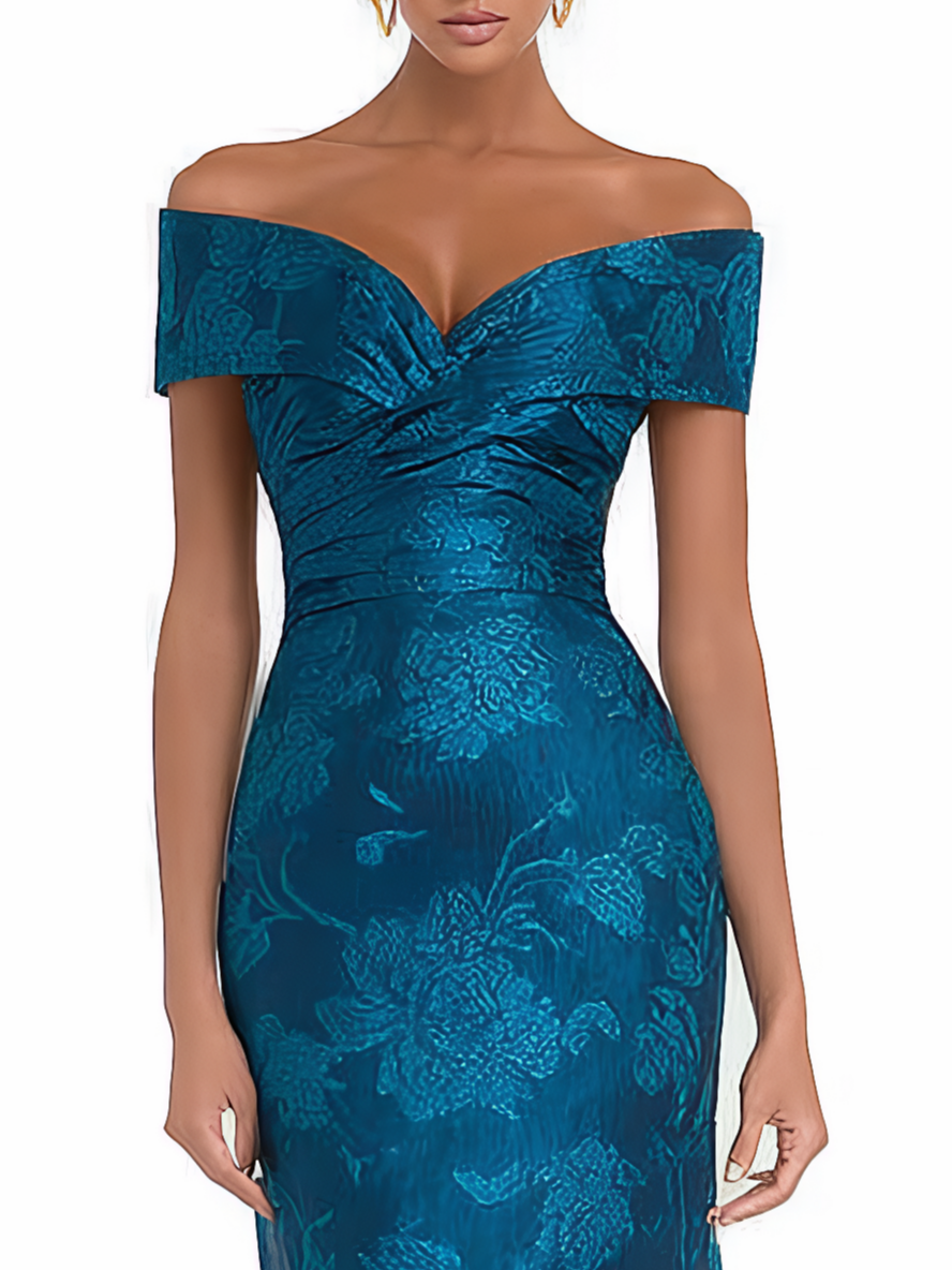 Blue Jacquard Floral Satin Off The Shoulder Sleeveless Sheath Maxi Dress