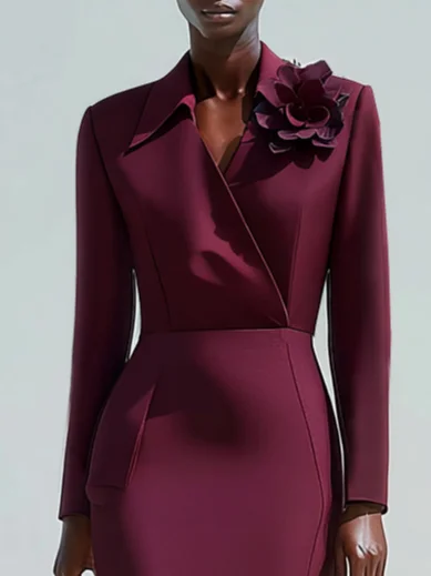 Fuchsia 3D Floral Classic Shawl Collar Long Sleeve Sheath Midi Dress