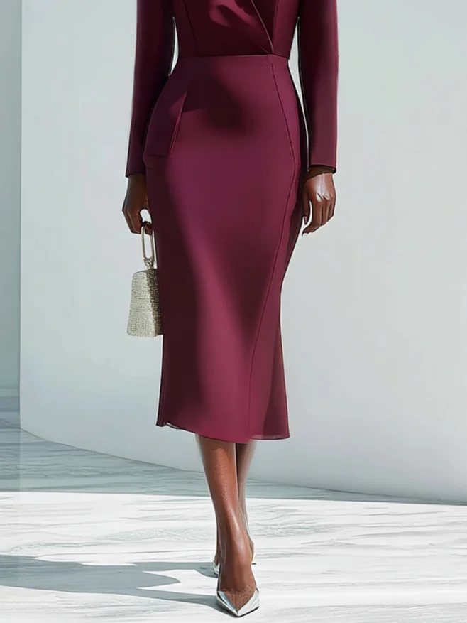 Fuchsia 3D Floral Classic Shawl Collar Long Sleeve Sheath Midi Dress