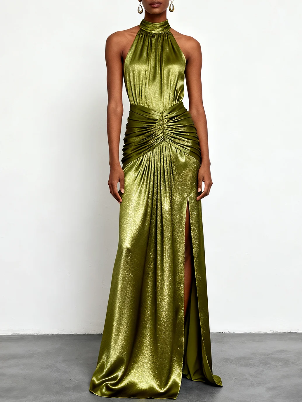 Green Ruched Side-Slit Satin Halter Sleeveless A-Line Gown Dress