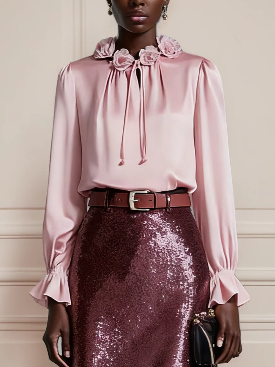 Women Pink Applique Crew Neck Long Sleeve Ruffle Sleeve Dressy Top With Skirt Two-Piece Set
