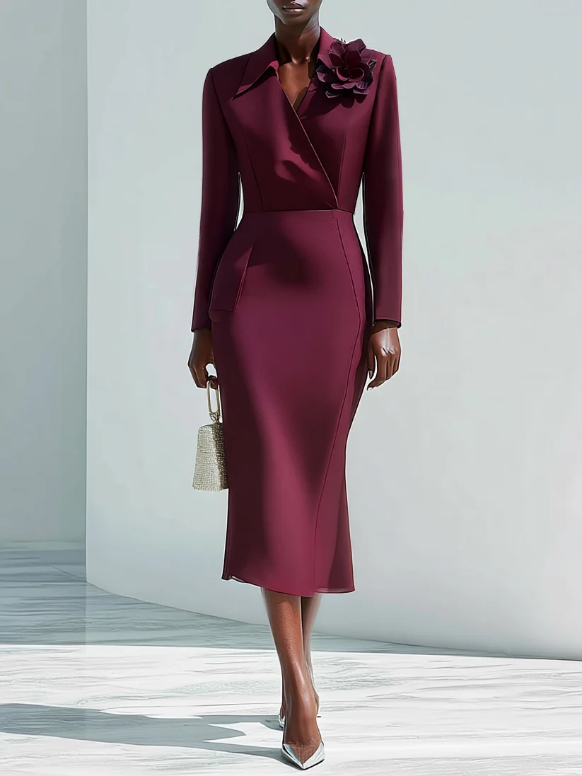 Fuchsia 3D Floral Classic Shawl Collar Long Sleeve Sheath Midi Dress