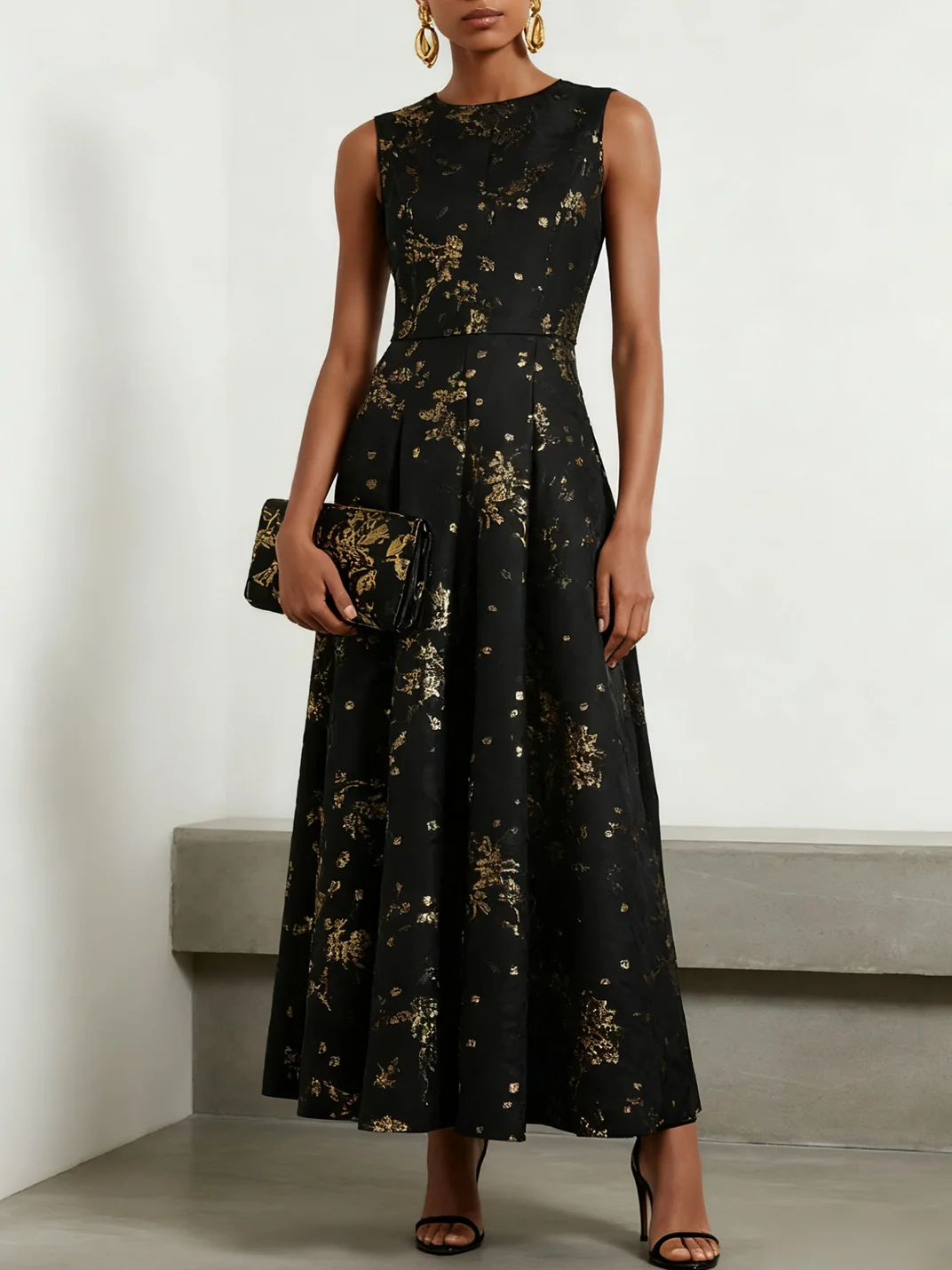 Black Stamped Bronzing Satin Crew Neck Sleeveless A-Line Maxi Dress