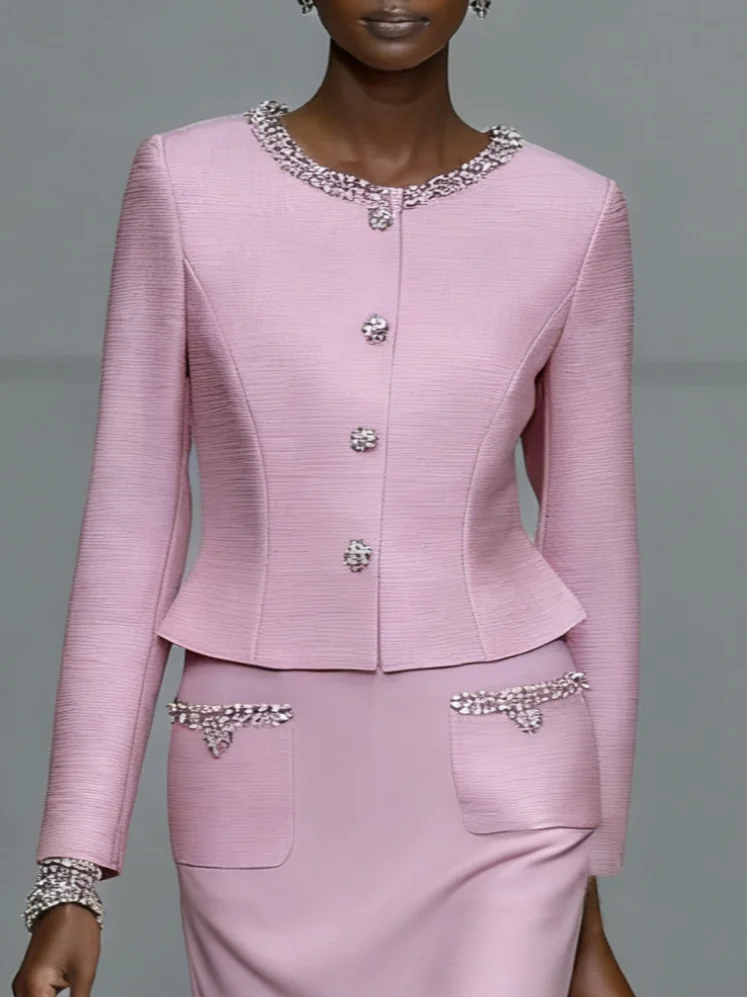 Women Pink Buckle Piping Crew Neck Long Sleeve Dressy Coat With Skirt Two-Piece Set