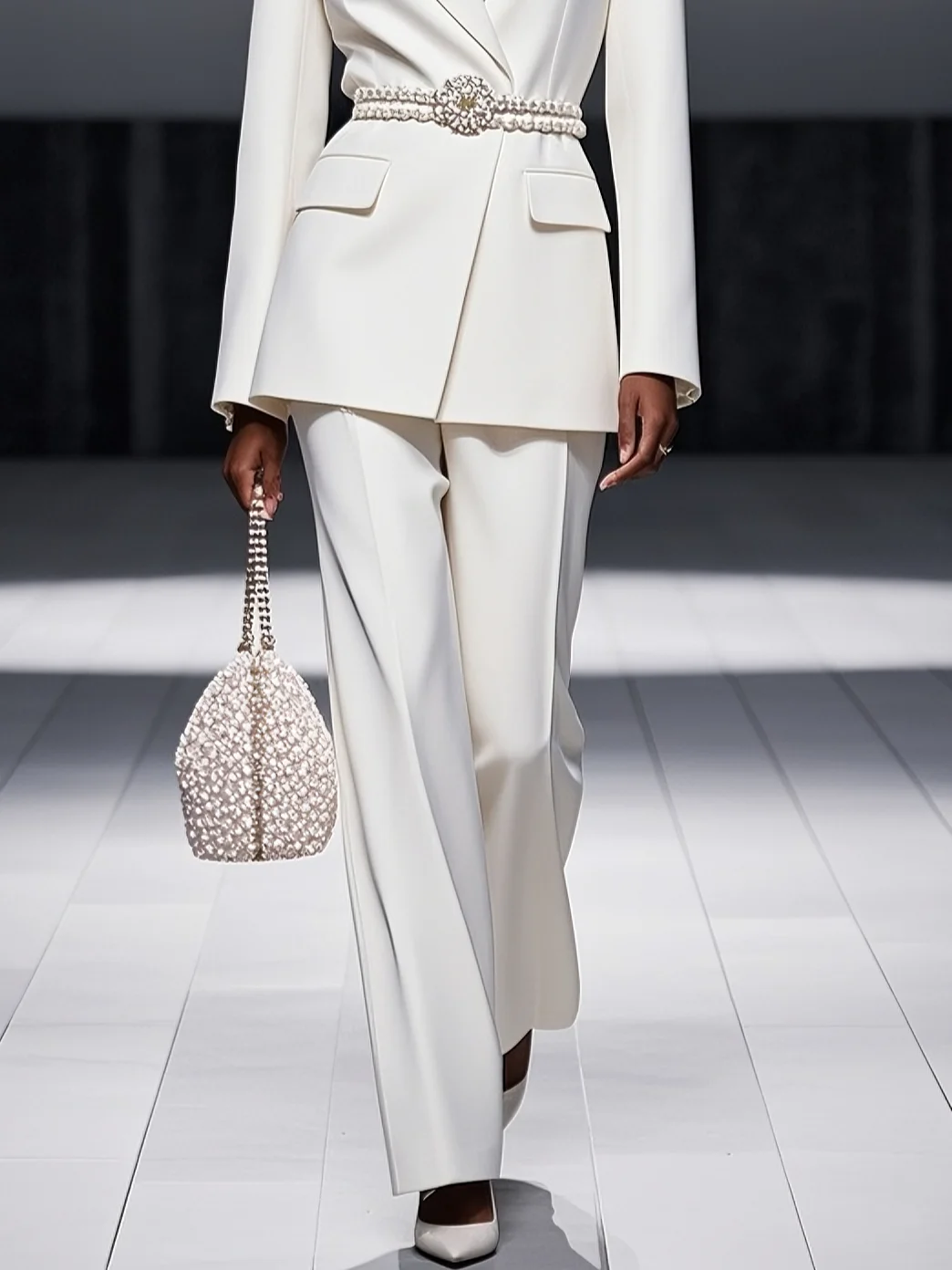 Women White 3D Floral Lapel Collar Long Sleeve Dressy Coat With Pants Two-Piece Set