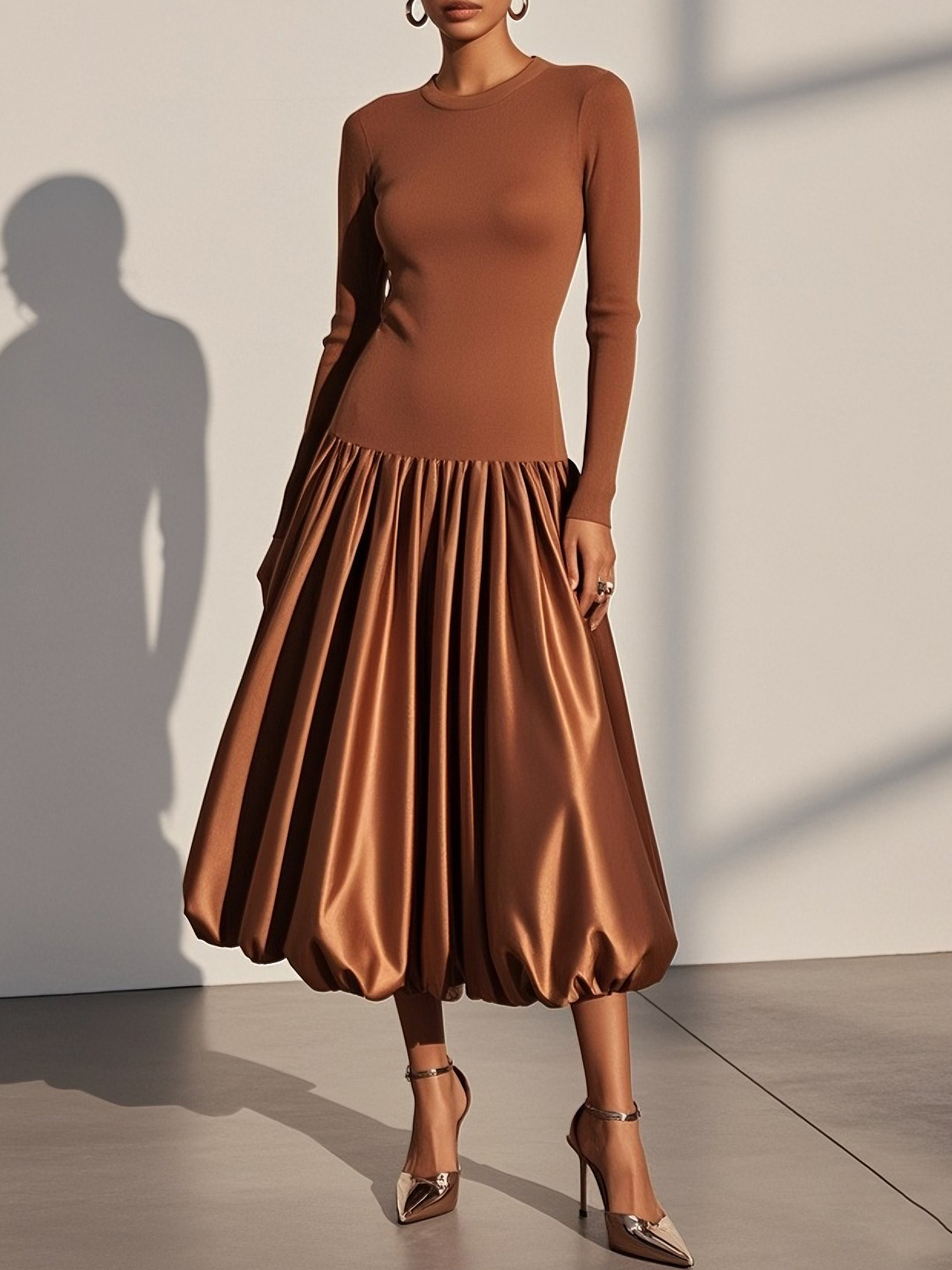 Brown Split Joint Knit Crew Neck Long Sleeve A-Line Midi Dress