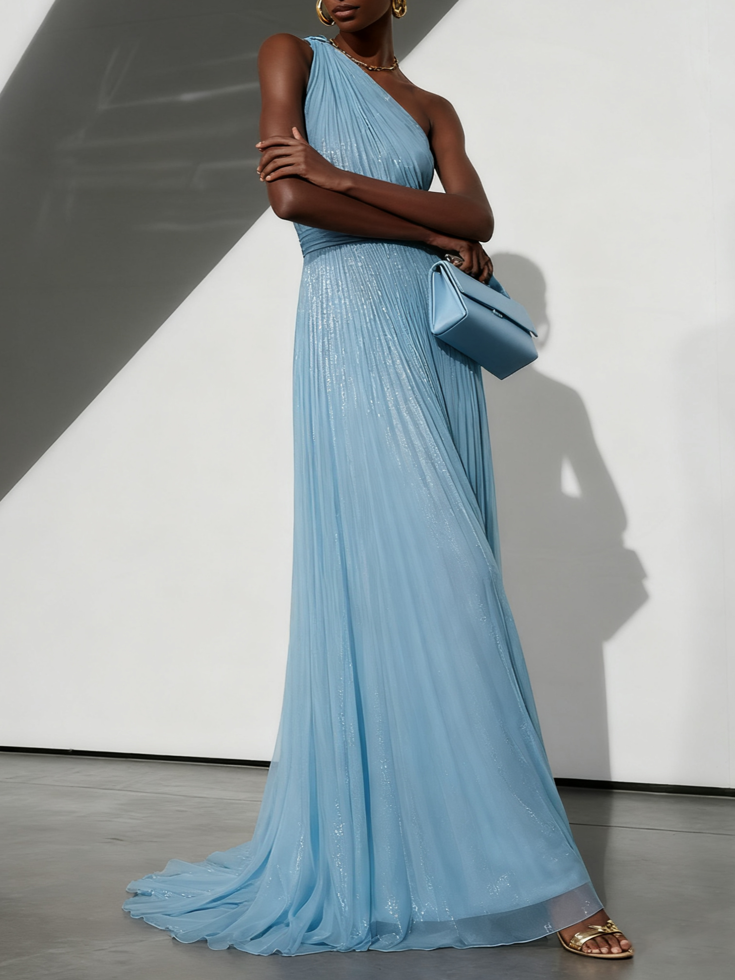 Light Blue Tulle One Shoulder Sleeveless A-Line Gown Dress