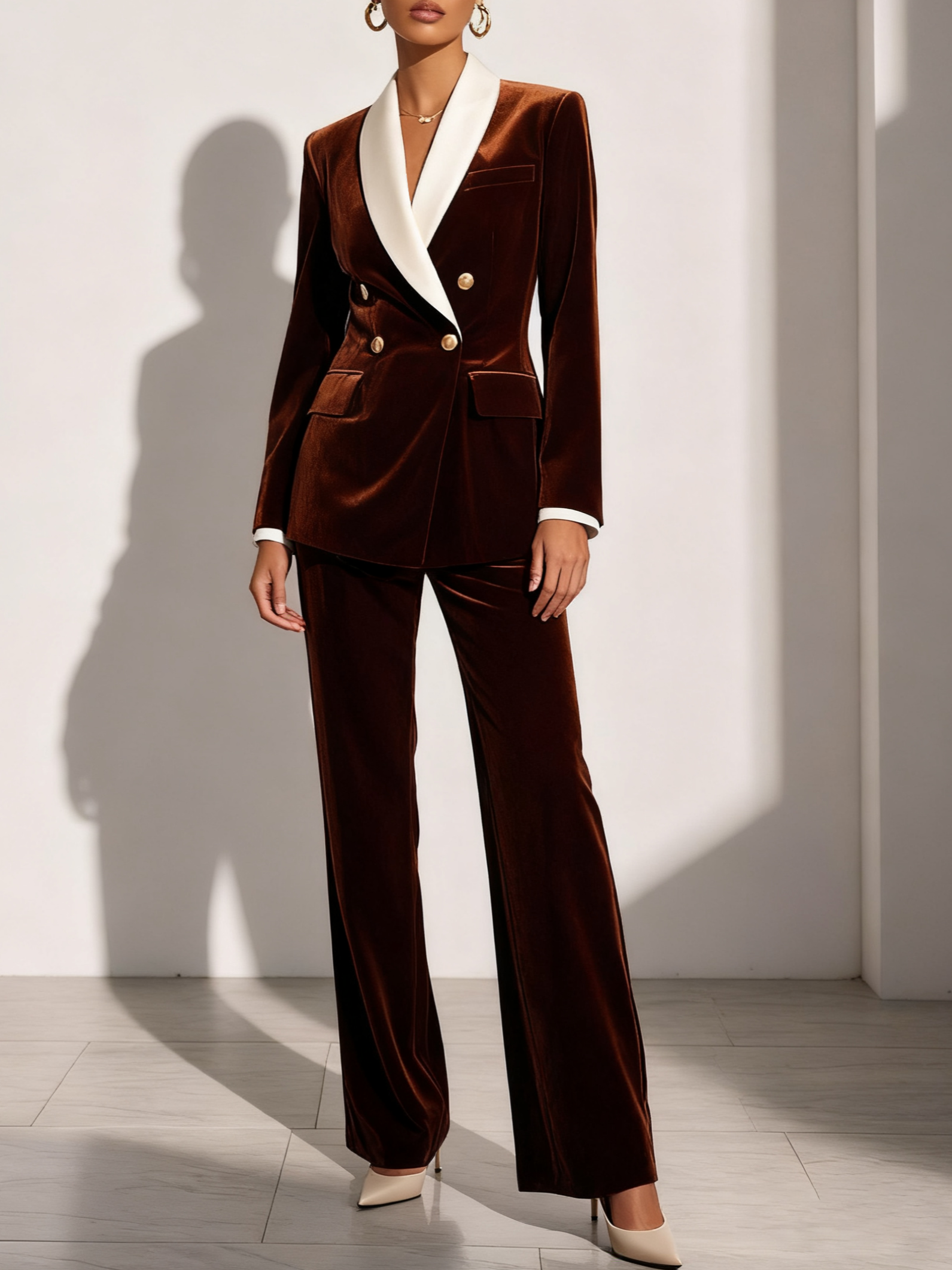 Women Brown Velvet Buckle Shawl Collar Long Sleeve Dressy Coat With Pants Two-Piece Set