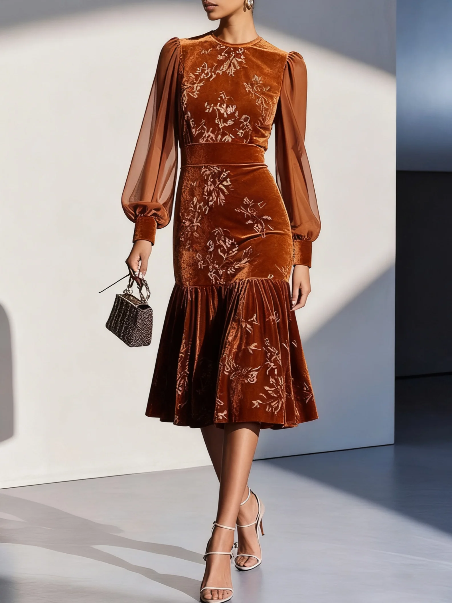 Caramel Brown Mesh Velvet Crew Neck Long Sleeve Balloon Sleeve Mermaid Midi Dress