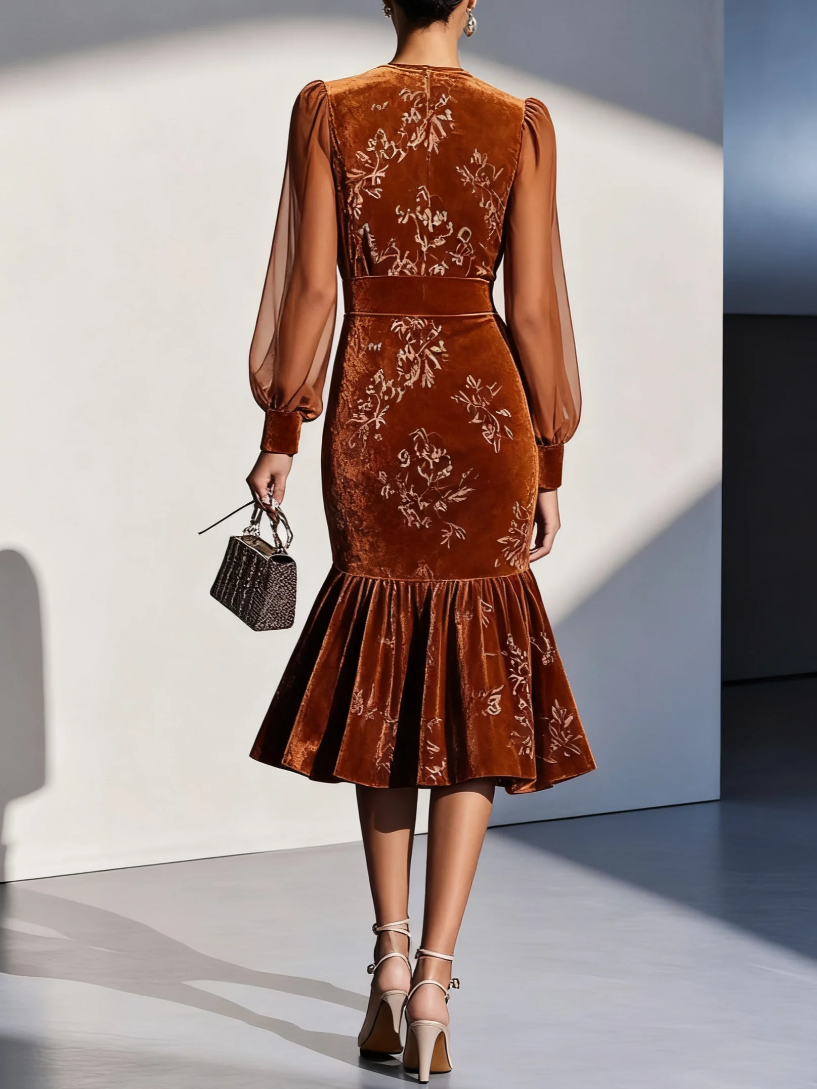Caramel Brown Mesh Velvet Crew Neck Long Sleeve Balloon Sleeve Mermaid Midi Dress