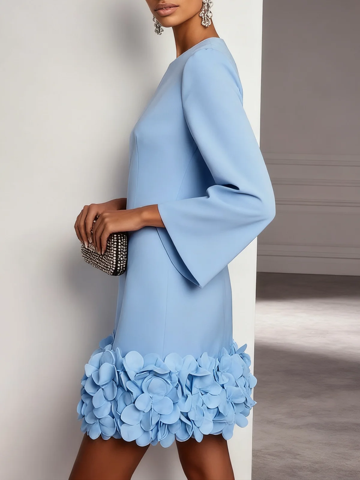 Light Blue 3D Floral Classic Crew Neck Bell Long Sleeve Shift Mini Dress