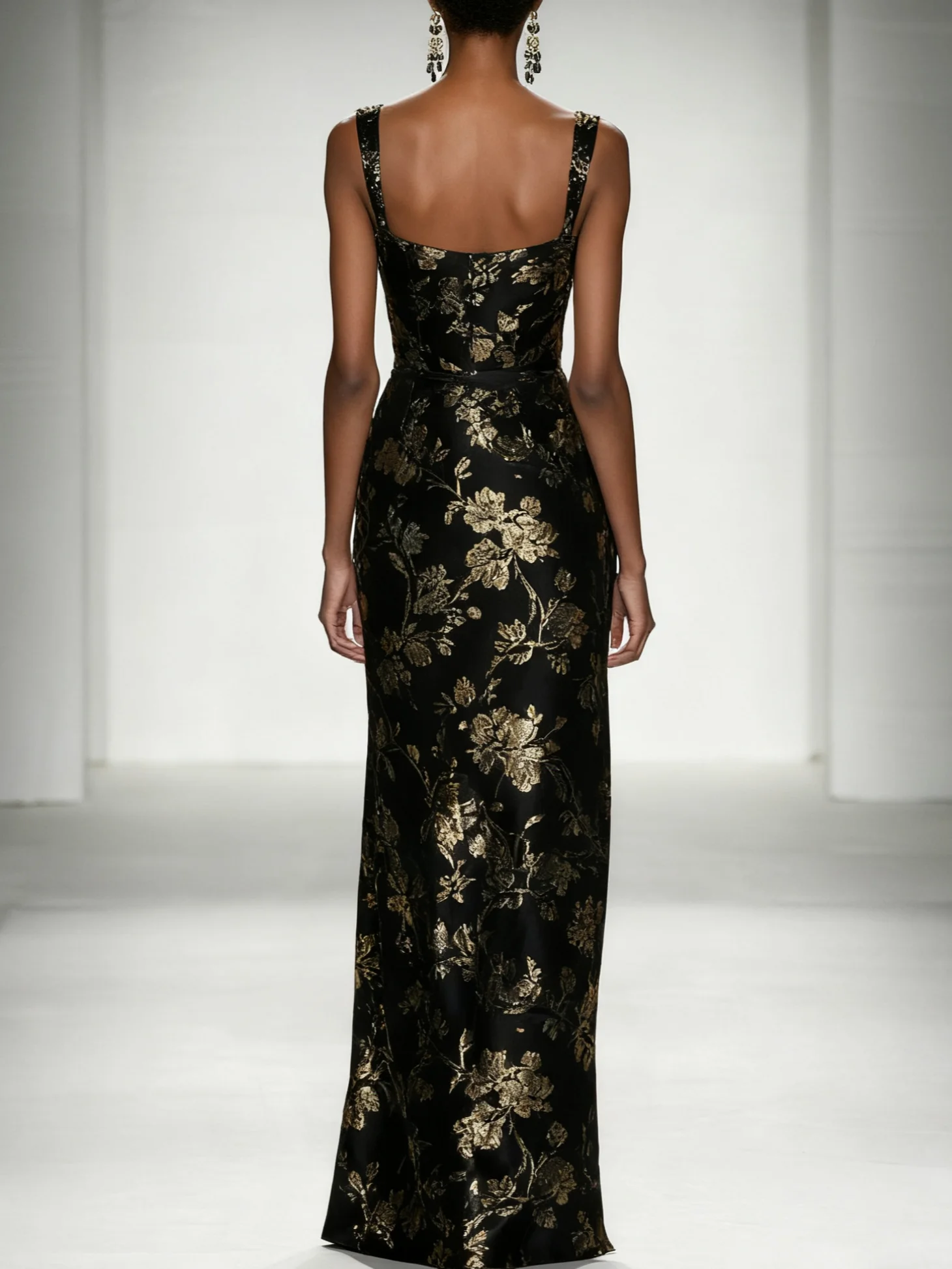 Black Stamped Bronzing Satin Sweetheart Neckline Sleeveless Sheath Maxi Dress