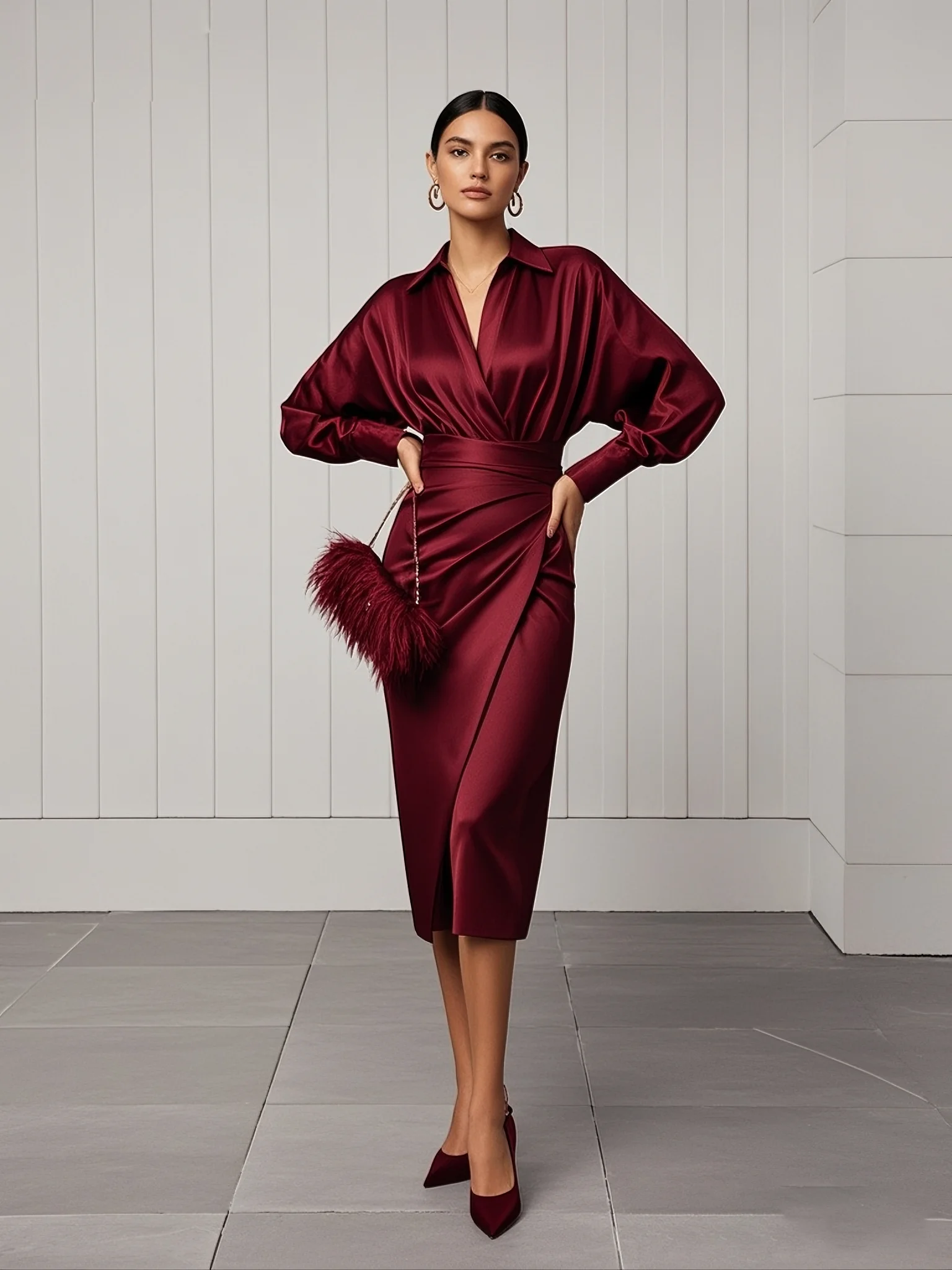 Women Wine Red Lapel Collar Long Sleeve Dressy Top With Skirt Two-Piece Set