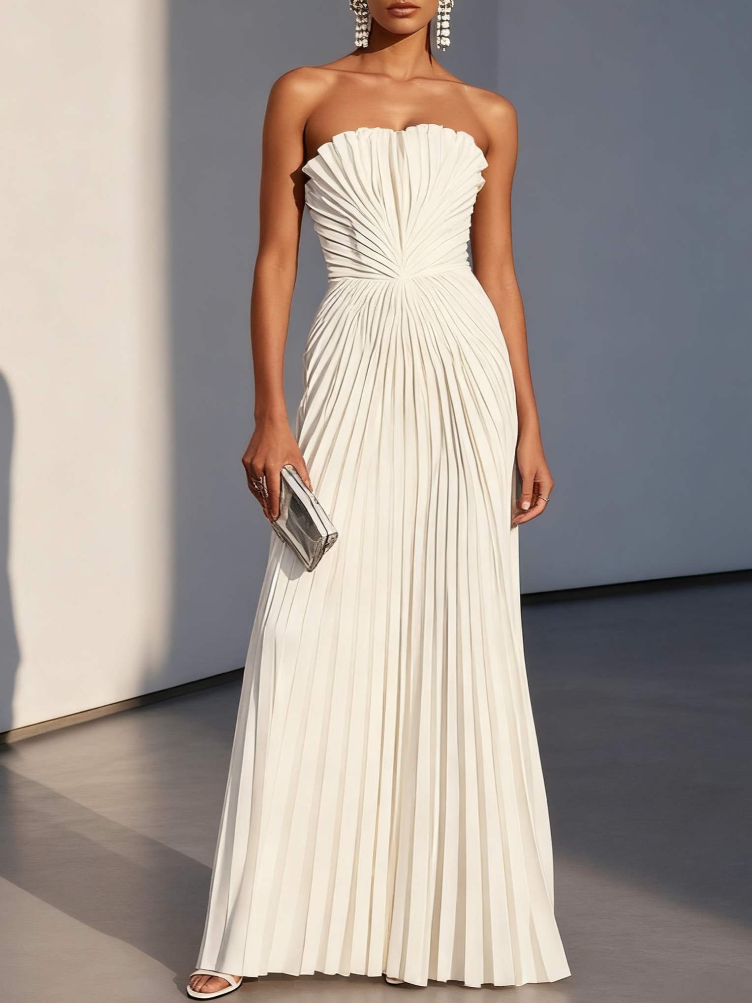 White Pleated Classic Strapless Sleeveless A-Line Maxi Dress