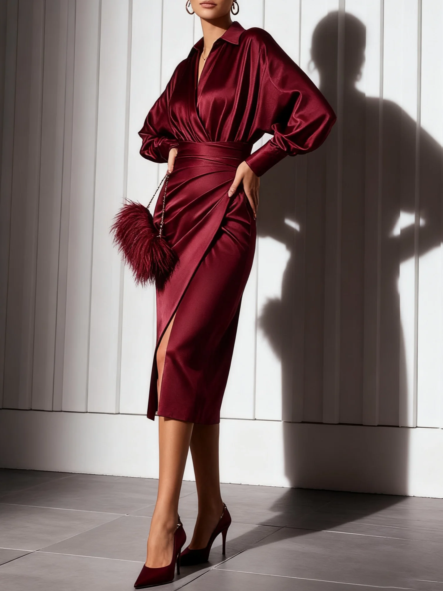 Women Wine Red Shawl Collar Long Sleeve Dressy Top With Skirt Two-Piece Set