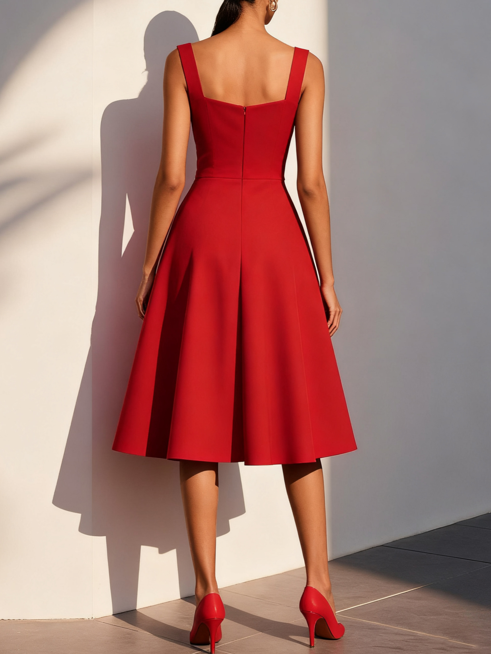 Red Pocket Stitching Classic Sweetheart Neckline Sleeveless A-Line Midi Dress