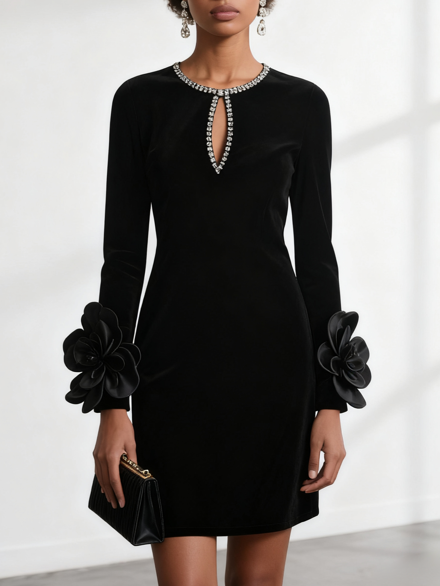 Black 3D Floral Rhinestone Velvet Crew Neck Long Sleeve Sheath Mini Dress