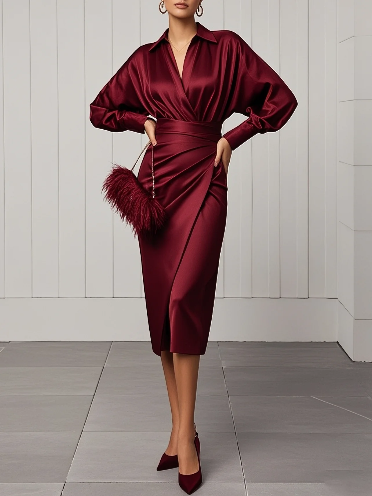 Women Wine Red Shawl Collar Long Sleeve Dressy Top With Skirt Two-Piece Set