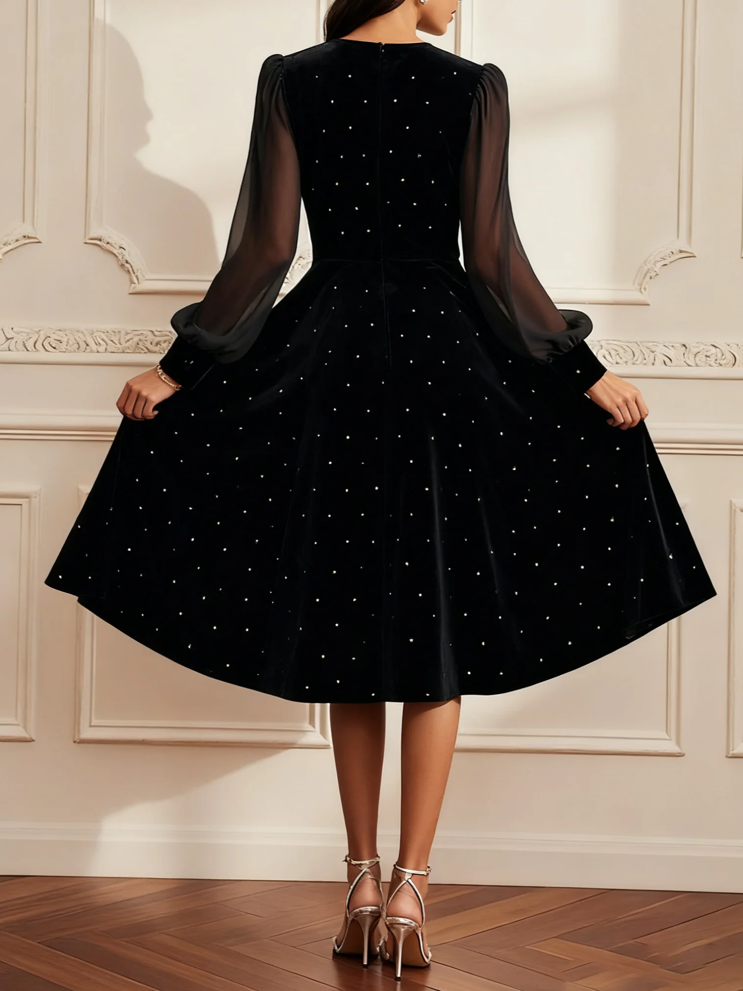 Black Hot Drilling Mesh Velvet Crew Neck Long Sleeve Balloon Sleeve A-Line Midi Dress