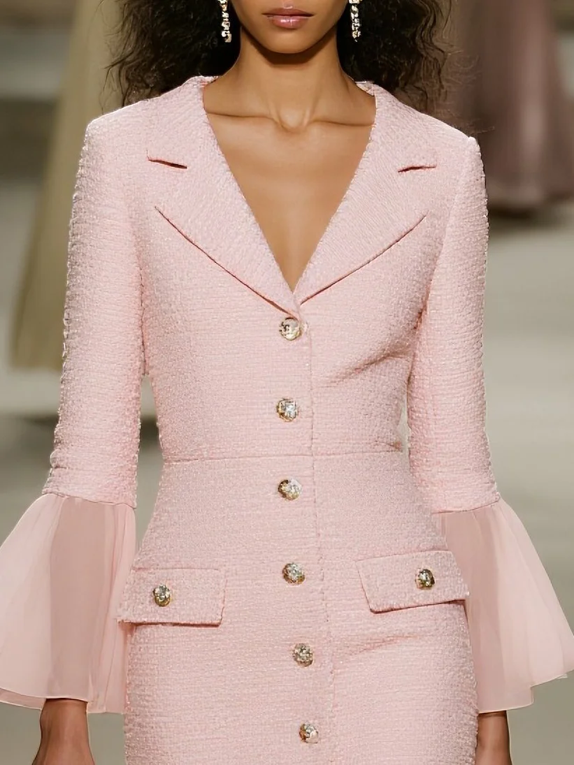 Light Pink Buckle Mesh Tweed Lapel Collar Long Sleeve Bell Sleeve Sheath Midi Dress