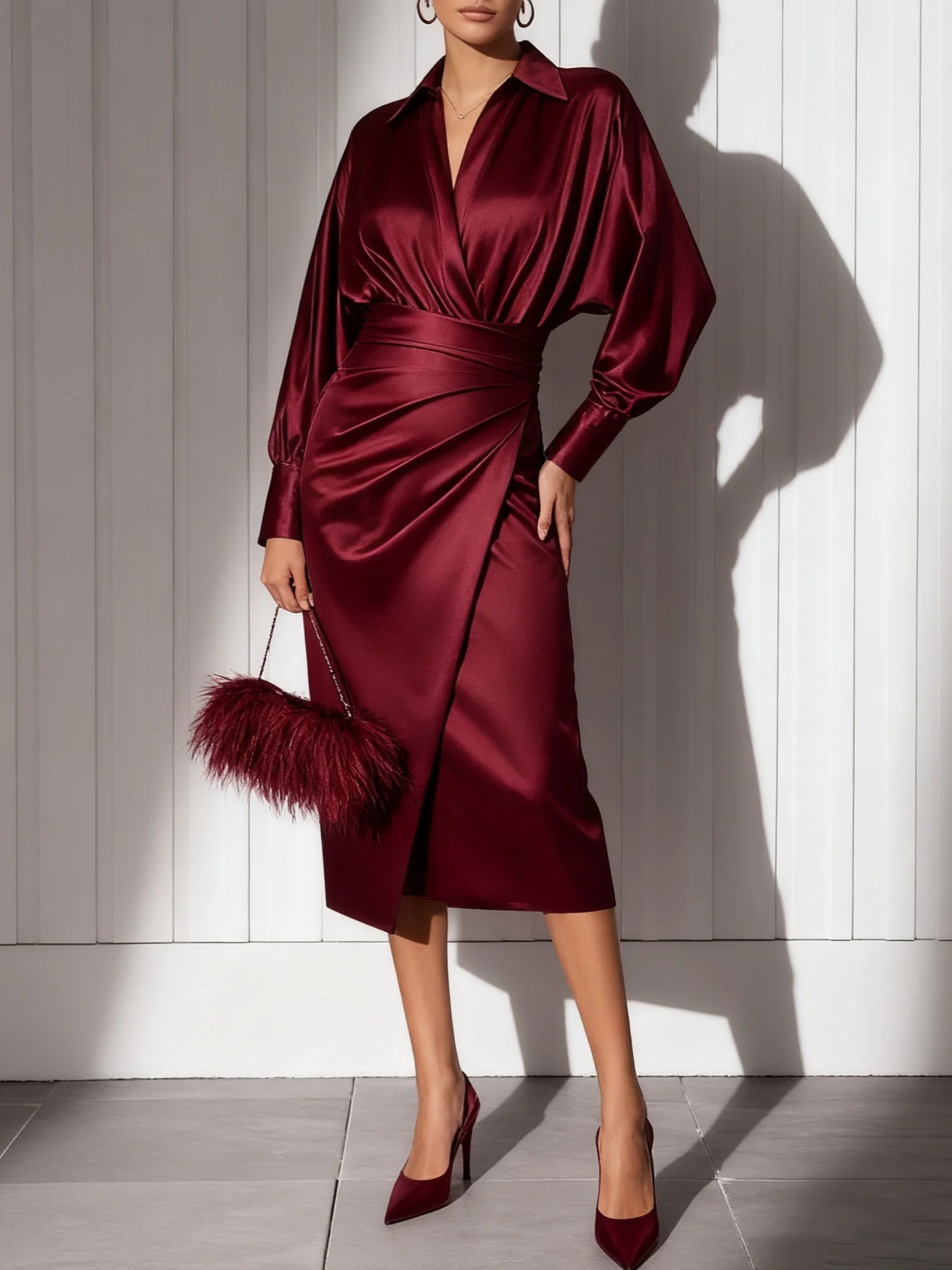Women Wine Red Shawl Collar Long Sleeve Dressy Top With Skirt Two-Piece Set