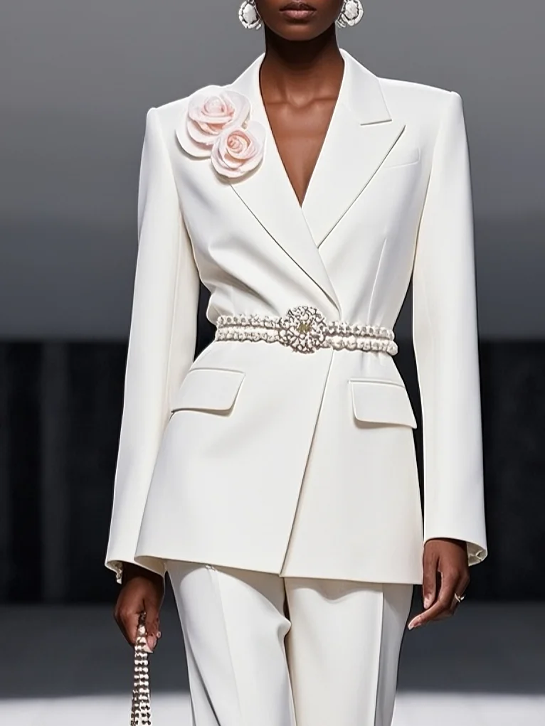 Women White 3D Floral Lapel Collar Long Sleeve Dressy Coat With Pants Two-Piece Set