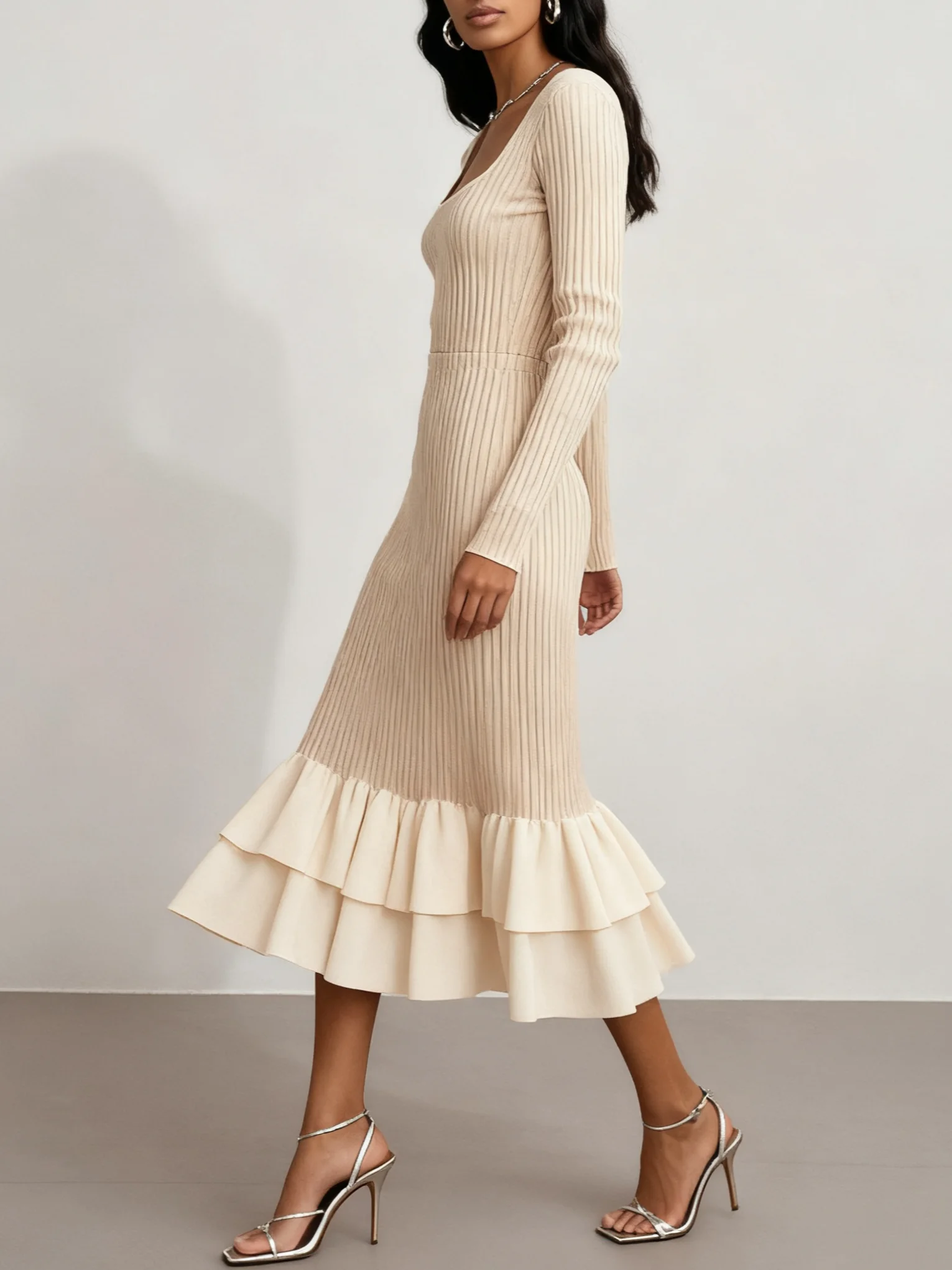 Apricot Ruffled Sweater Square Neck Long Sleeve Sheath Midi Dress