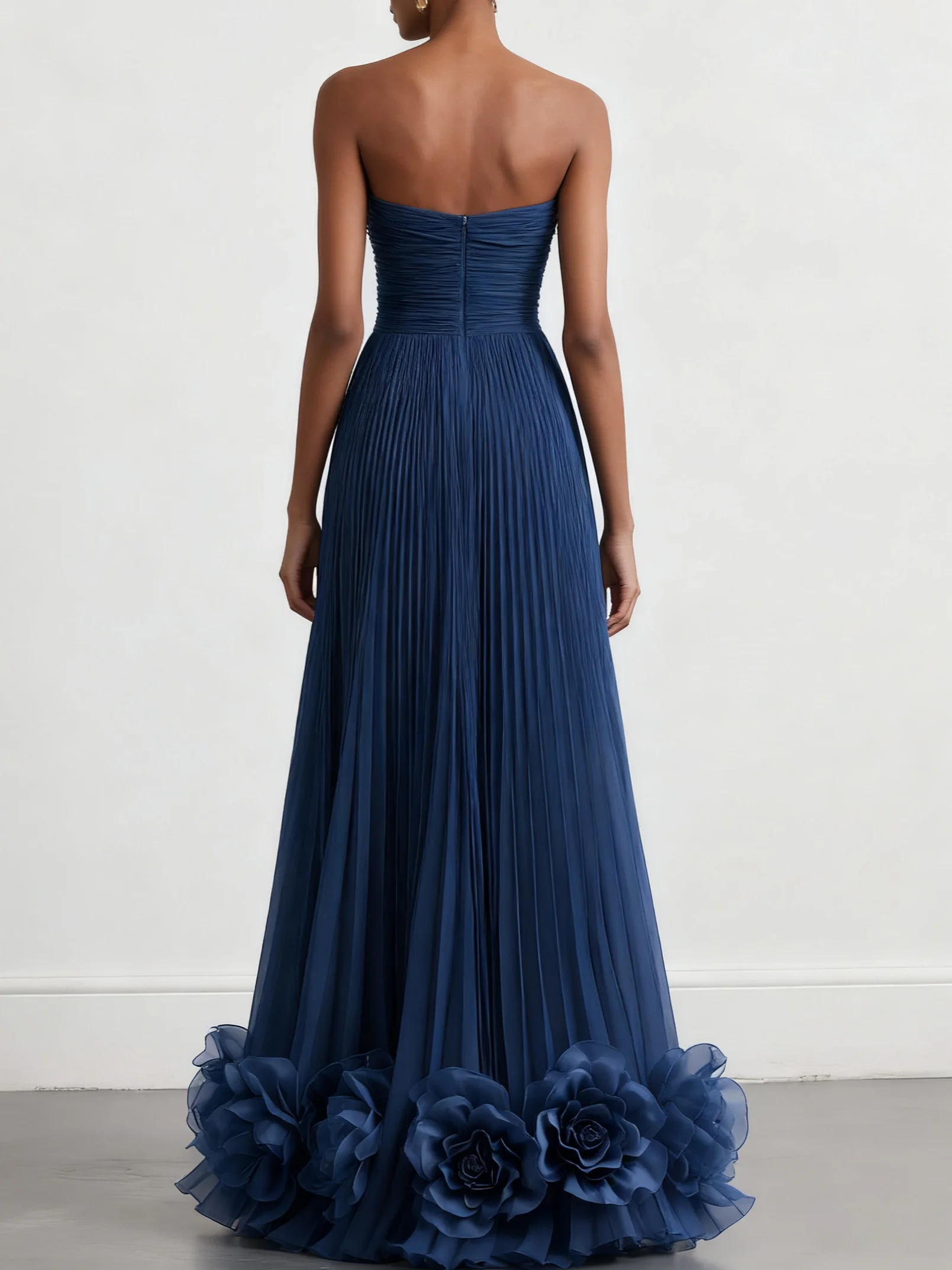 Navy Blue Pleated 3D Floral Chiffon Strapless Sleeveless A-Line Gown Dress