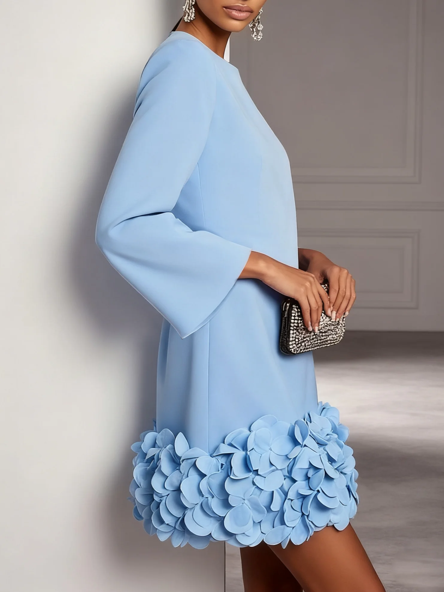 Light Blue 3D Floral Classic Crew Neck Bell Long Sleeve Shift Mini Dress