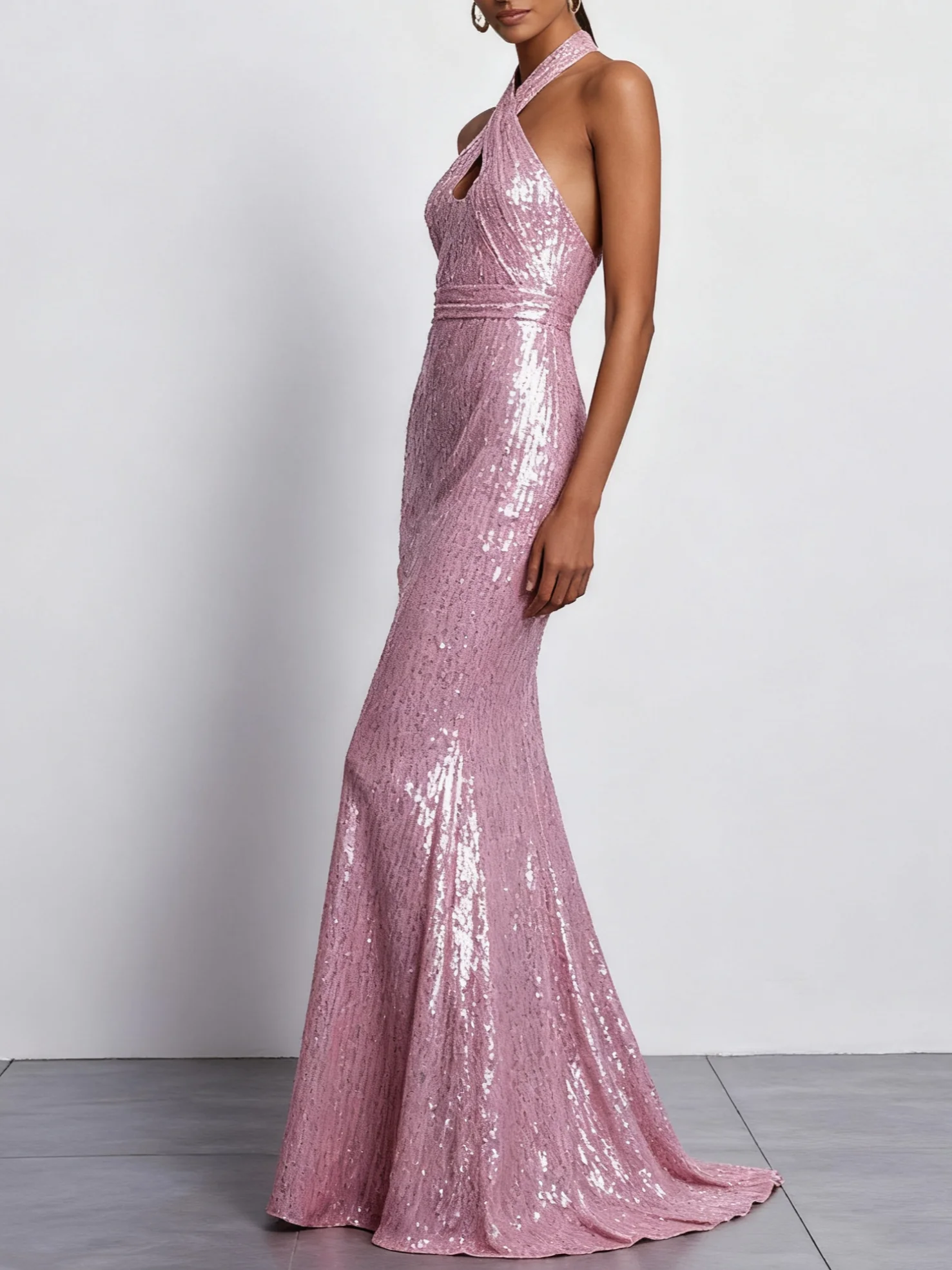 Pink Sequin Halter Sleeveless Mermaid Gown Dress