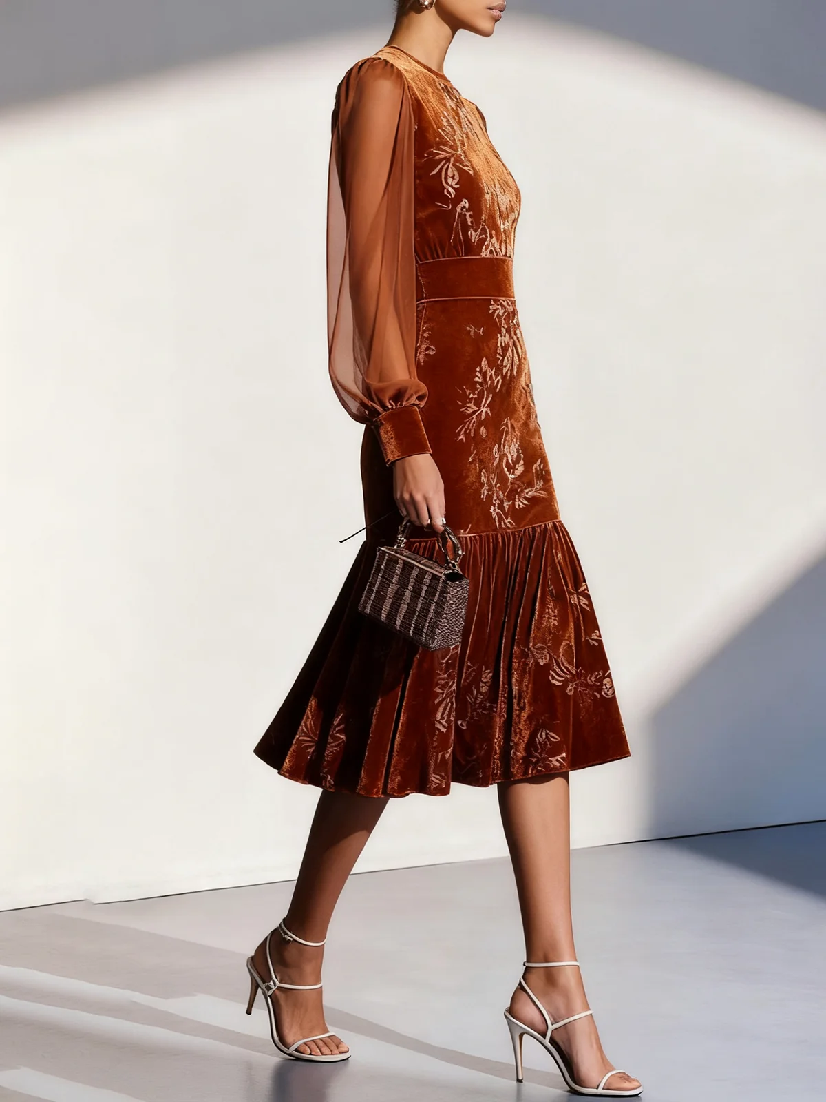 Caramel Brown Mesh Velvet Crew Neck Long Sleeve Balloon Sleeve Mermaid Midi Dress