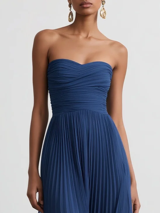 Navy Blue Pleated 3D Floral Chiffon Strapless Sleeveless A-Line Gown Dress