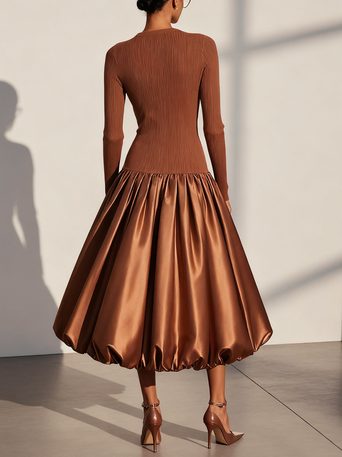 Brown Split Joint Knit Crew Neck Long Sleeve A-Line Midi Dress