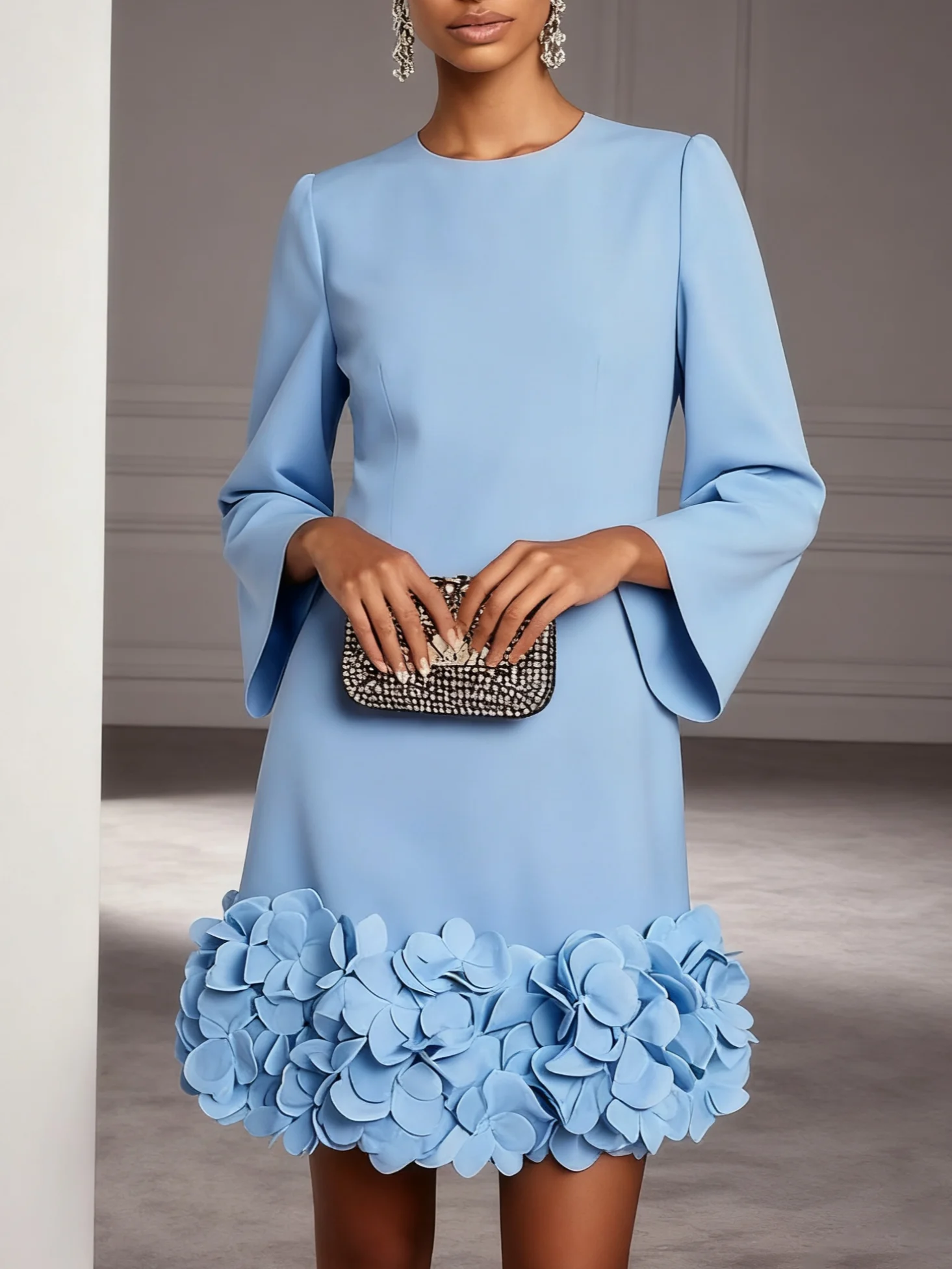 Light Blue 3D Floral Classic Crew Neck Bell Long Sleeve Shift Mini Dress