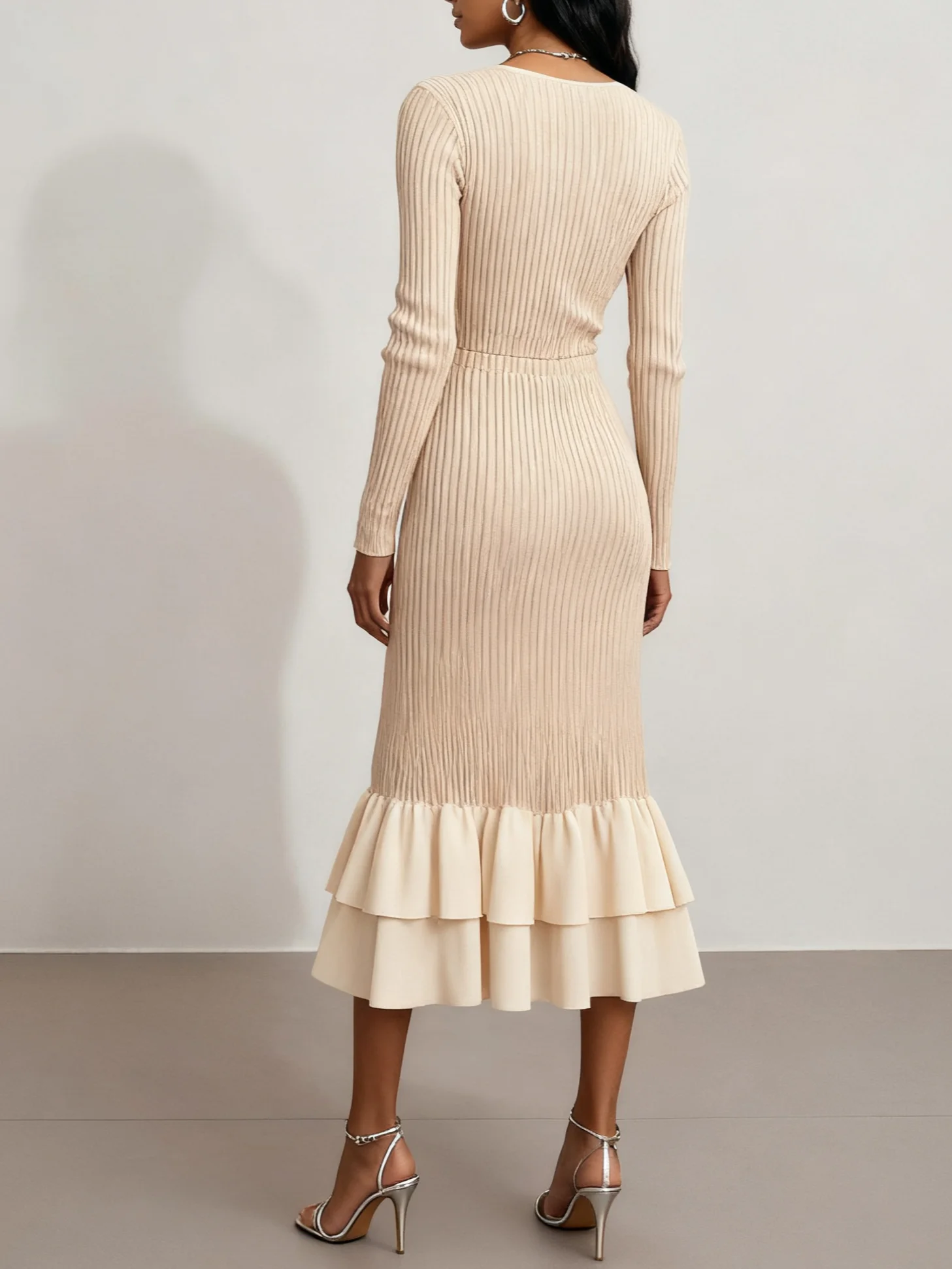 Apricot Ruffled Sweater Square Neck Long Sleeve Sheath Midi Dress
