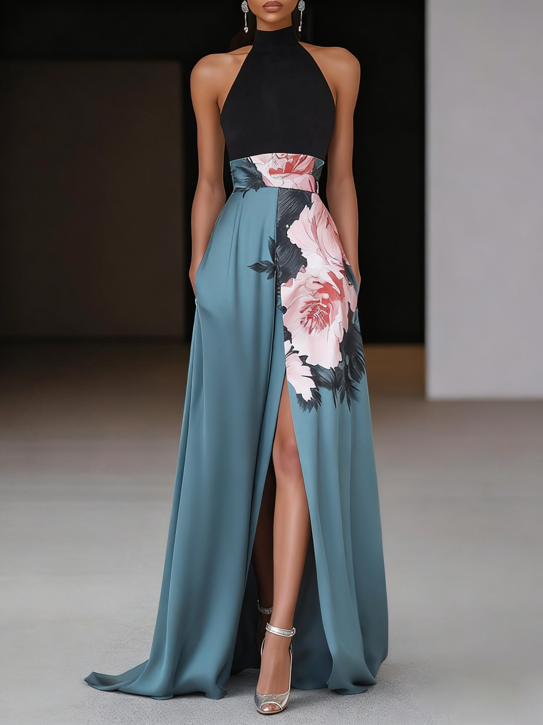 Black Slit Floral Satin Halter Sleeveless A-Line Maxi Dress