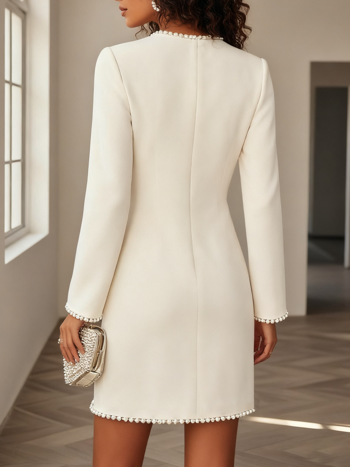 White Pearl Hollow Out Classic Crew Neck Long Sleeve Shift Mini Dress